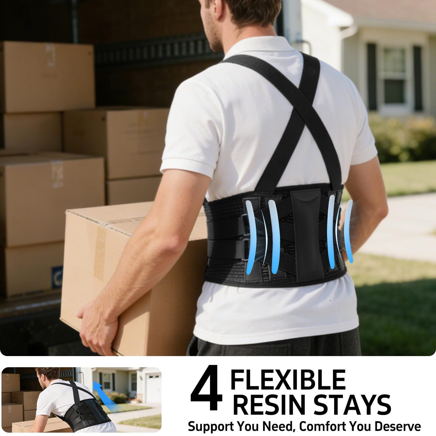 QFE Work Back Brace Lower Back Support Belt Posture Corrector for Women and Men Upper Pain Workout Lumbar Waist Shoulder Straightener Adjustable with Suspenders Protection Lifting Moving X-Large