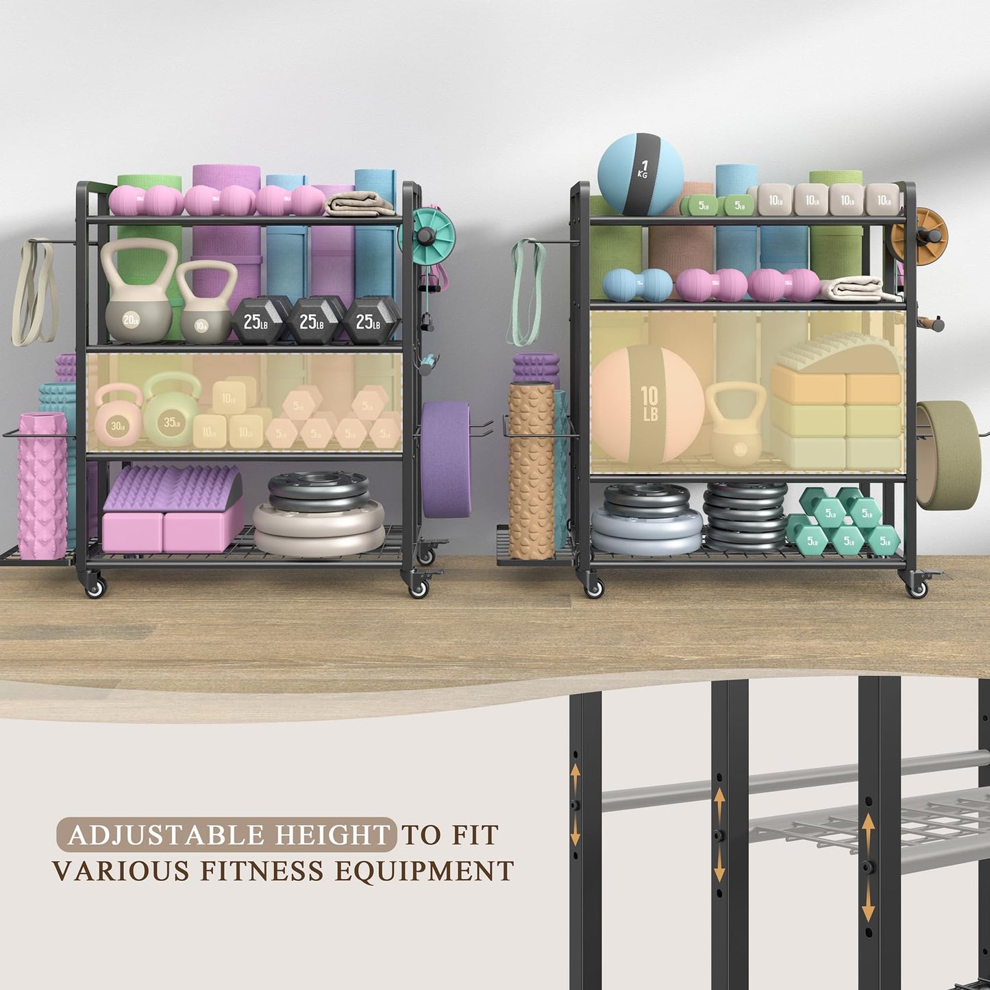 4-Tier Dumbbell Rack Stand Only, Adjustable Weight Rack for Dumbbells Kettlebells Yoga Mat, Home Gym Storage Rack with Wheels and Hooks, Powder Coated Finish (Large)