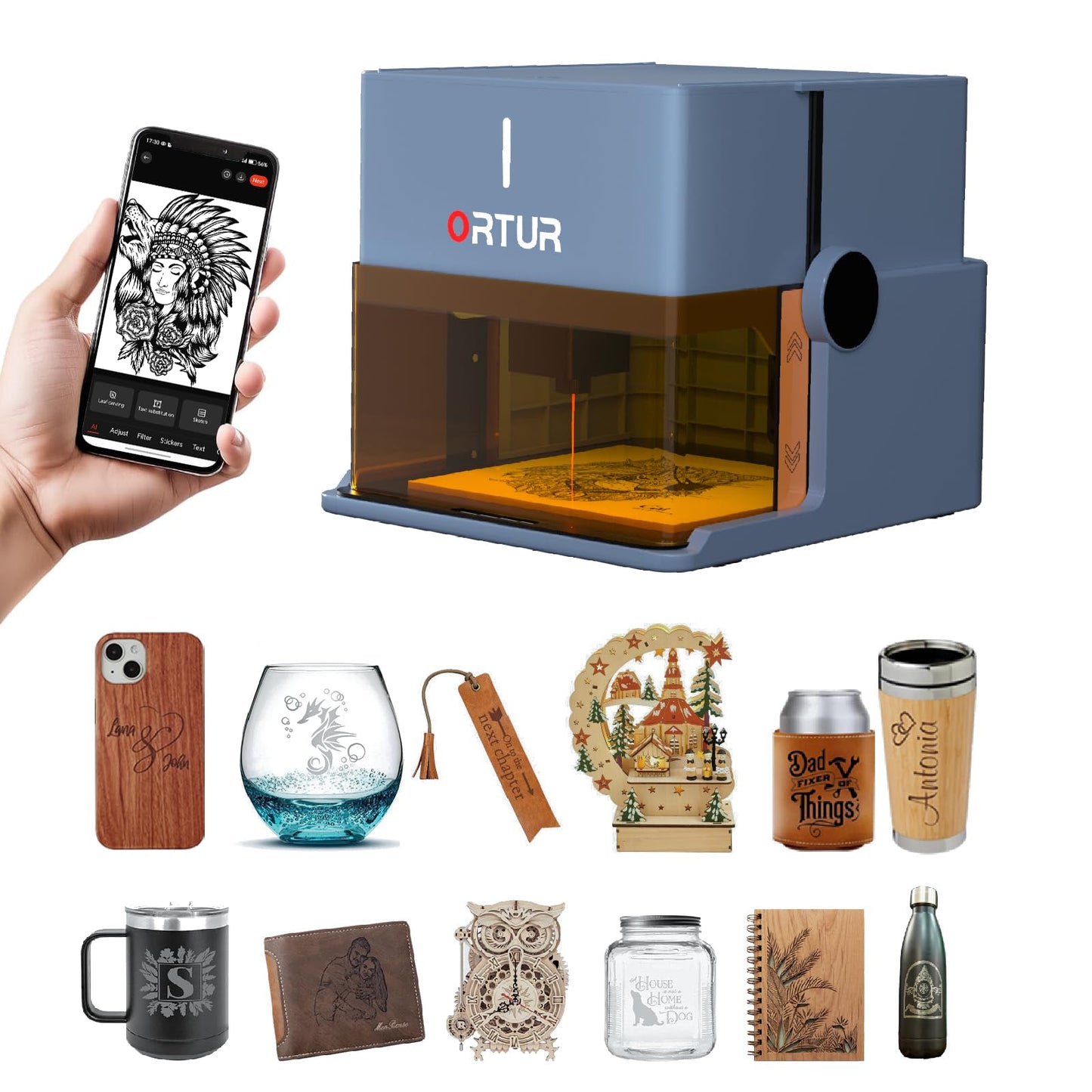 Ortur R1 5000mW Portable Laser Engraver and Cutter, Class 1 Foldable Laser Engraver, Exquisite Gift Box Packaging, APP Control Laser Engraver for Wood, Leather, Glass, Cloth (Misty Blue)