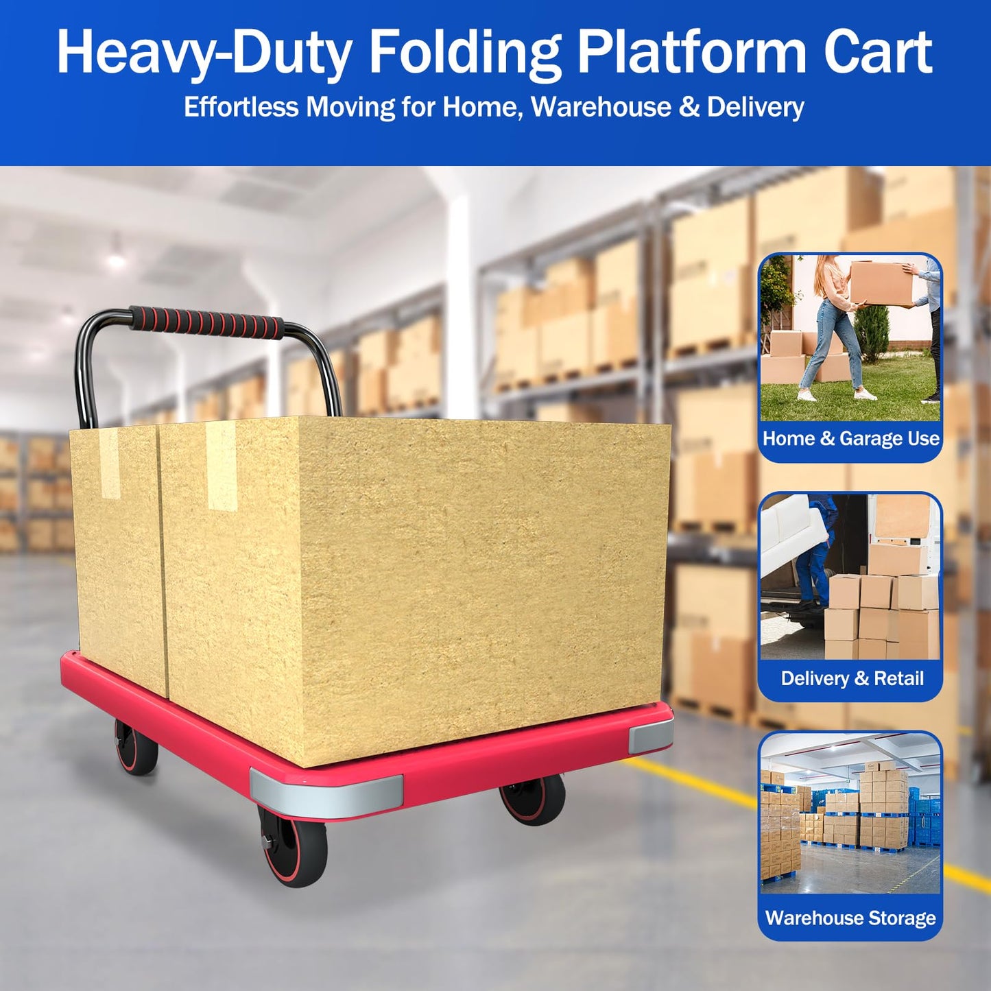 WUD Foldable Hand-Push Platform Truck with Brake, 360-Degree Swivel Wheels, 35.4”L x 23.6”W, 880 lb Load Capacity, Suitable for Luggage, Travel, Moving, Shopping, Office, Home Garden,Pink