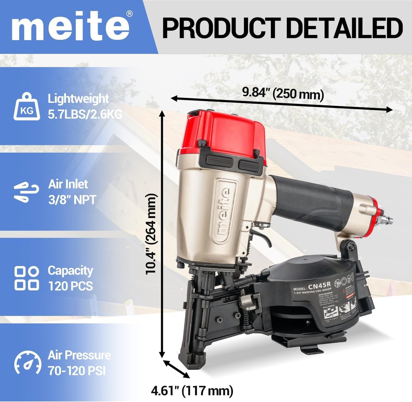 meite CN45R Coil Roofing Nailer 15 Degree Pneumatic Nail Gun for Asphalt Shingles Underlayment Decking Roof Repair, Air Roofing Nail Gun with Tool-Free Depth Adjustment Accepts 7/8" to 1-3/4" Nails