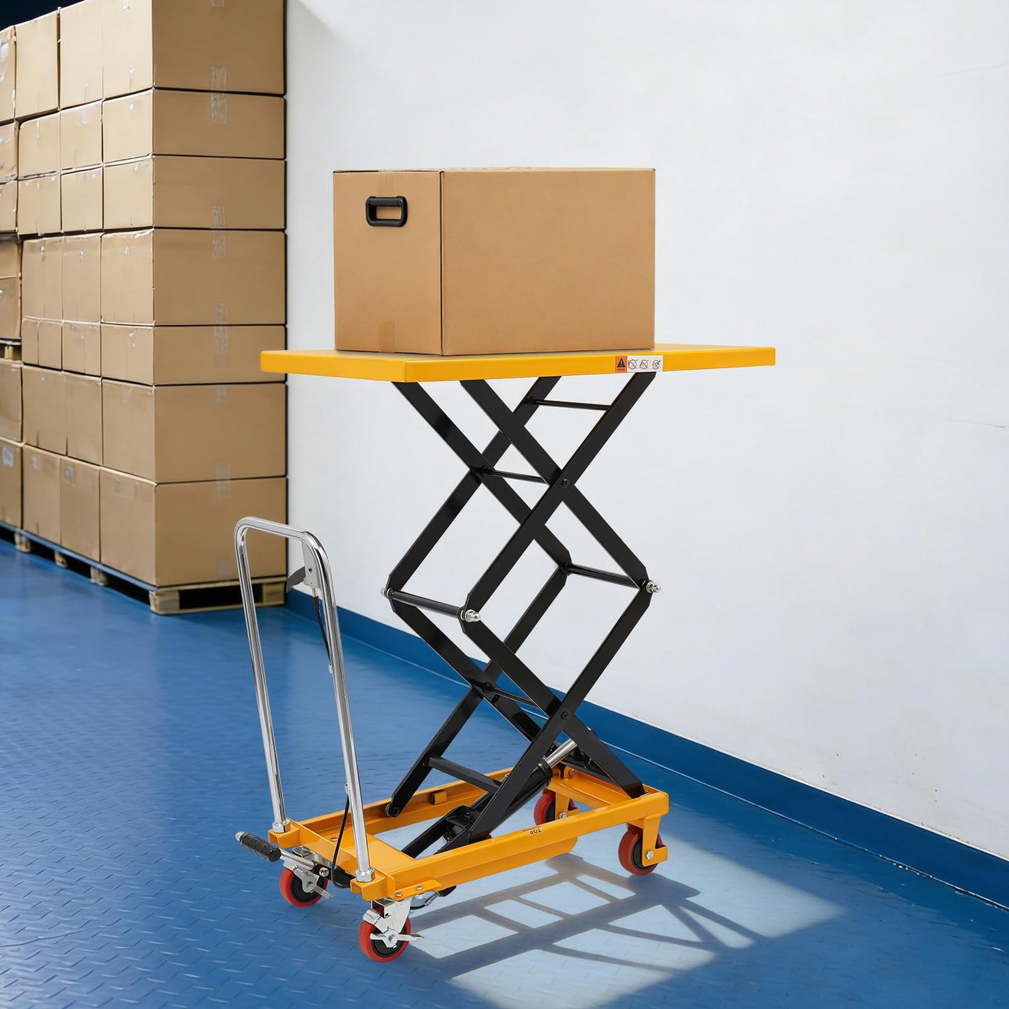 Hydraulic Lift Table Cart, 770 LBS Double Scissor Lift Table Double Scissor Lift Table with 49.6 Max Lift Q235 Steel & PU Non-Slip Pad with 4 Wheels for Warehouse Shop & Garage Material Handling