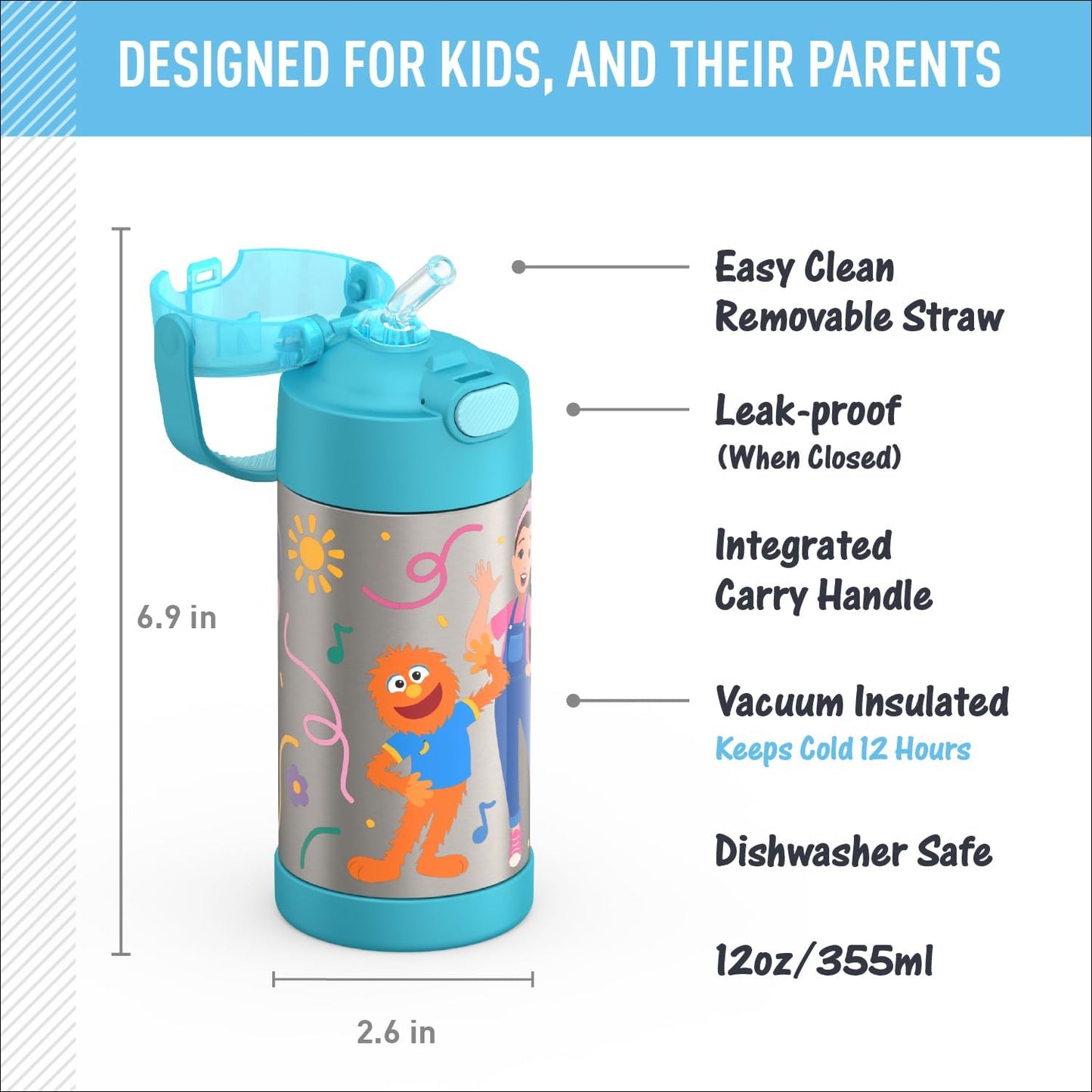 THERMOS FUNTAINER Water Bottle - 12 Ounce Kids Stainless Steel Vacuum Insulated with Straw | Ms. Rachel Design