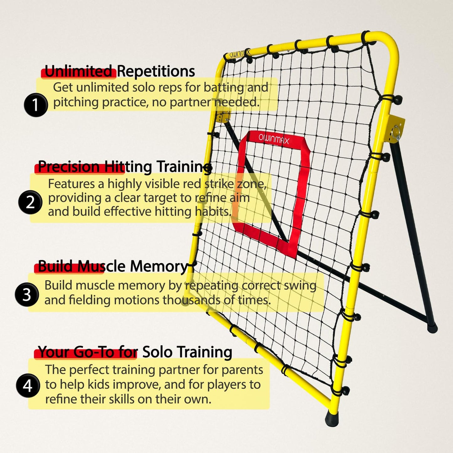 3x3.5 ft Baseball Pitchback Net, Rebounder Net, Solo Training Net, Pitching Return Trainer, Four Quick-Switch Return Angles, Yellow, Great for Kids and Youth
