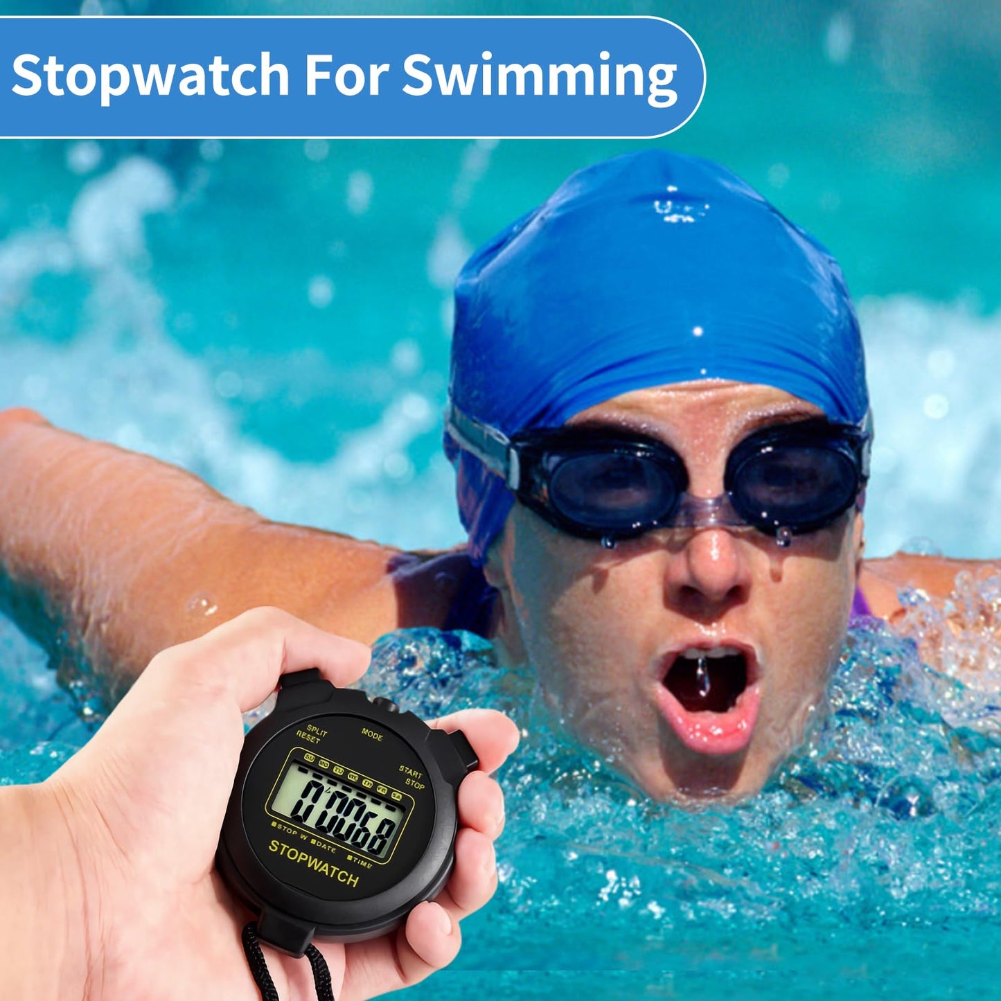 Digital Stopwatch Timer Large Display with Clock and Date, No Alarm Function, Simple Stopwatches for Sports Coaches Running Swimming Kids Training-2 Pack Black