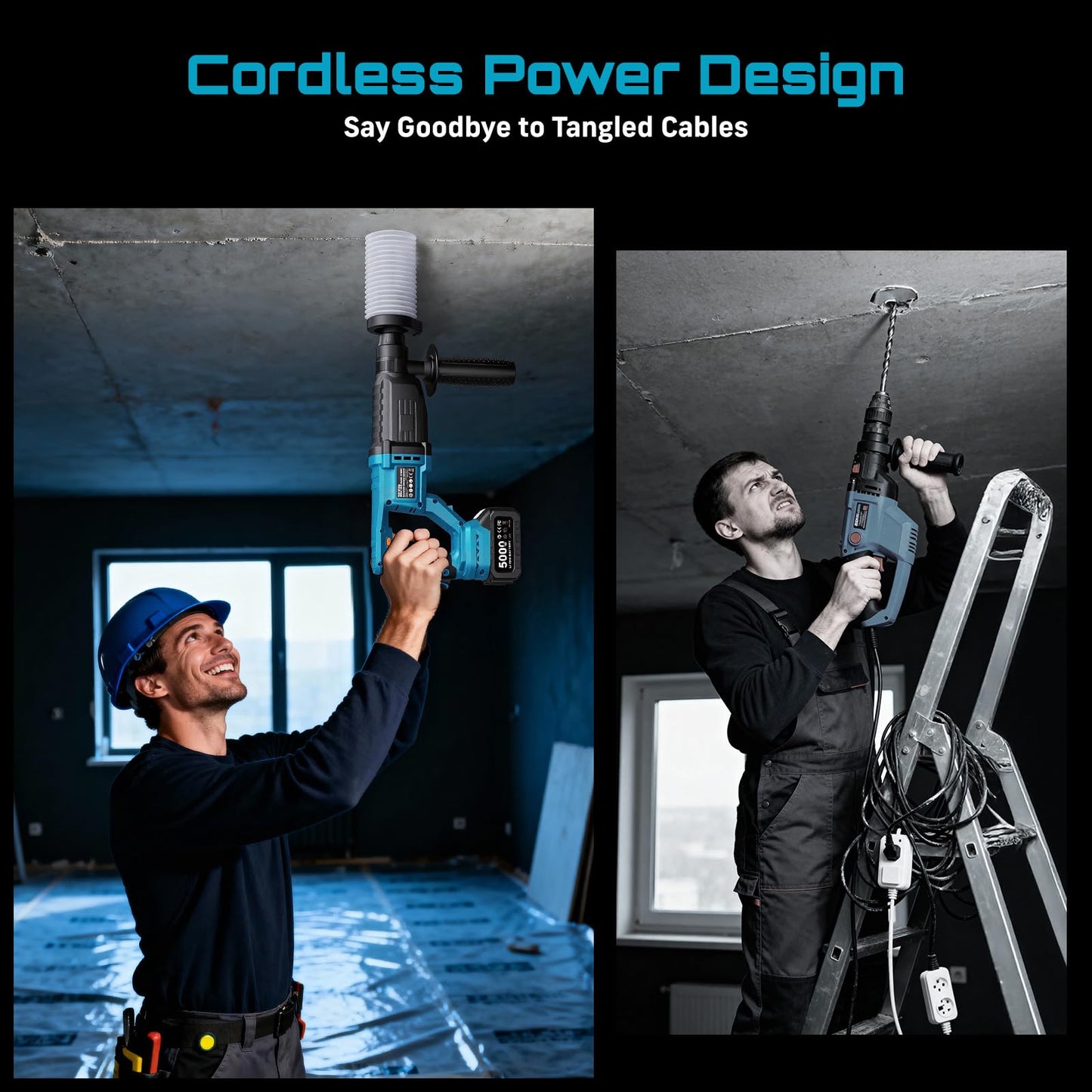 Seesii 1" Cordless SDS-Plus Rotary Hammer Drill with 2x5.0Ah Batteries, 3.2J Impact Energy Brushless Motor, 4-Mode with Kickback protection, Chisels, Drill Bits for Concrete Drilling & Home Renovation