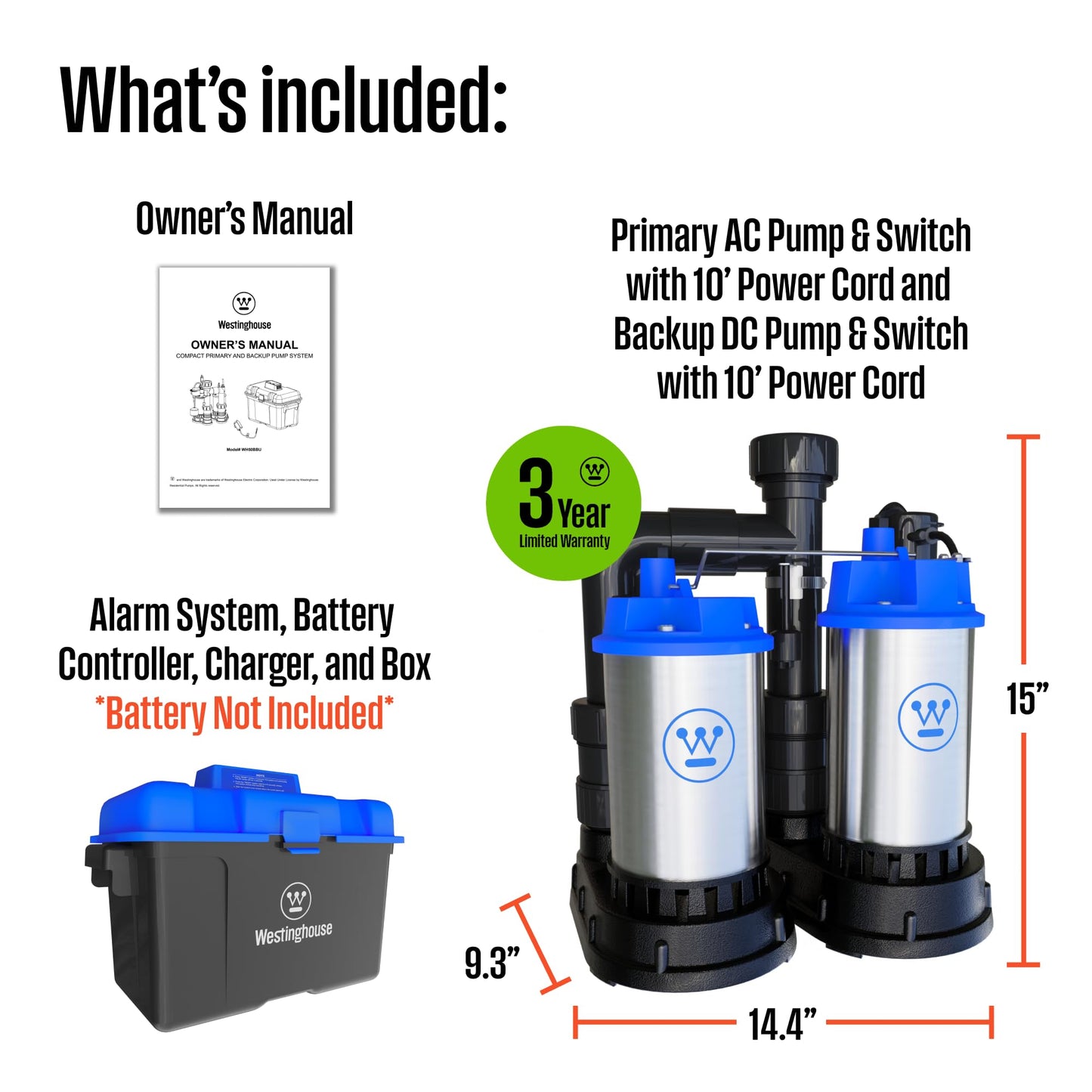 Westinghouse Battery Backup Sump Pump System – 1/2 HP Dual Sump Pumps with Automatic Switchover, Stainless Steel Construction, Top Suction Design, Basement Flood Protection