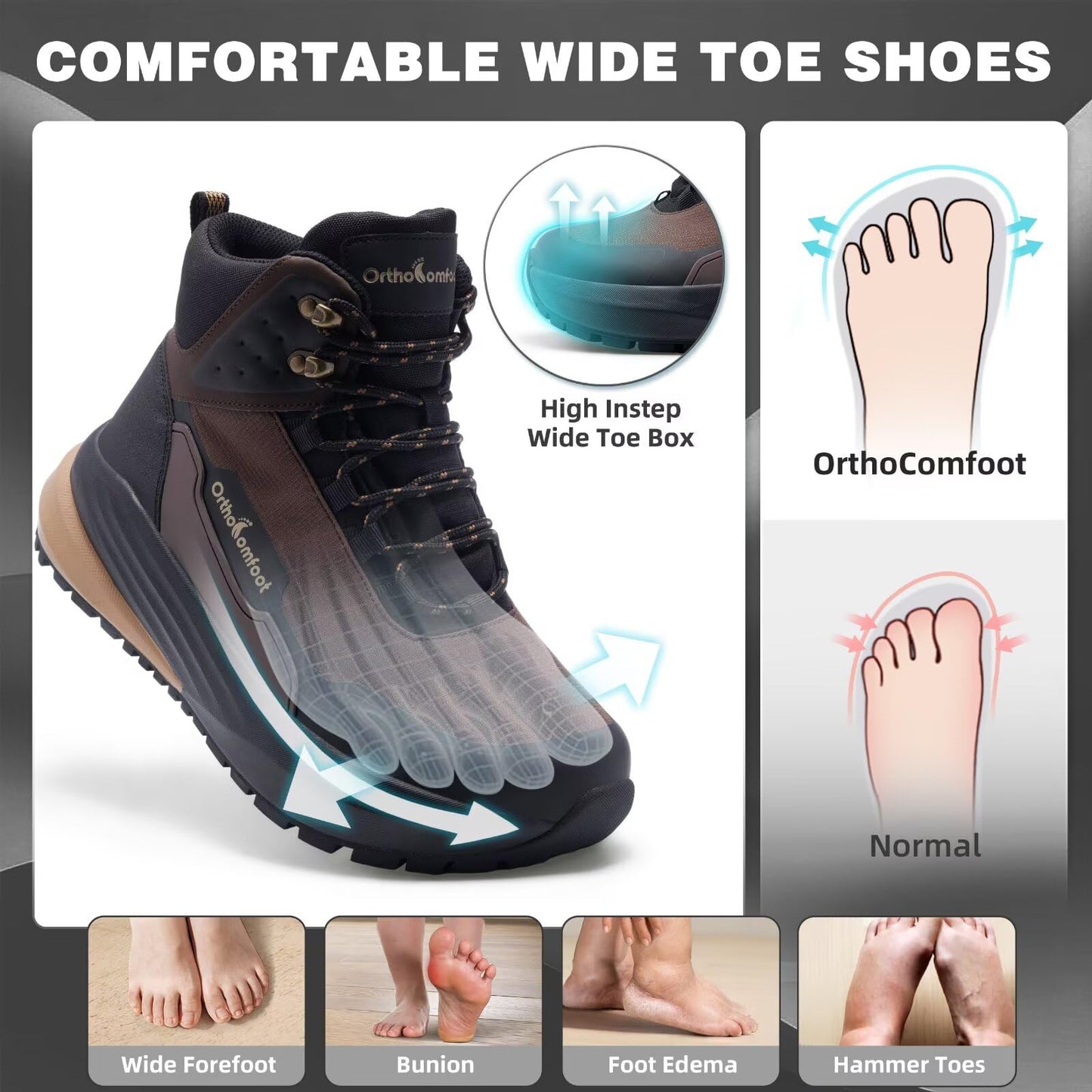 Men's Orthopedic Wide Mid Hiking Boots: Comfortable Plantar Fasciitis Orthotic Arch Support Bunions Recovery Trail Sneakers, Leisure Slip Resistant Stylish Standing Walking Shoes Brown Size 11