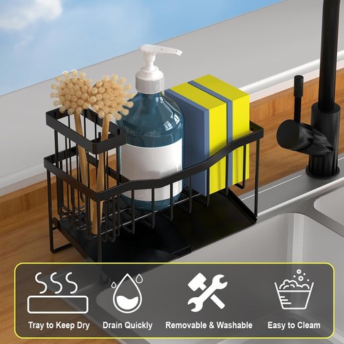 Fssvcd Maifan Kitchen Sink Caddy - Rustproof Sponge Holder with Brush Tray | Self-Draining Design
