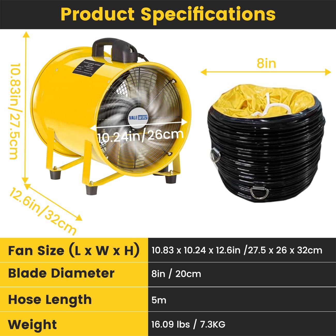 Valewind Heavy Duty Air Mover Portable Ventilation Fan 8Inch, 230W Exhaust Fan with 16.4ft Flexible Duct, 3500RPM Overheat Protection Cylinder Axial Fan, Industrial Portable Air Blower/Exhaust, Yellow