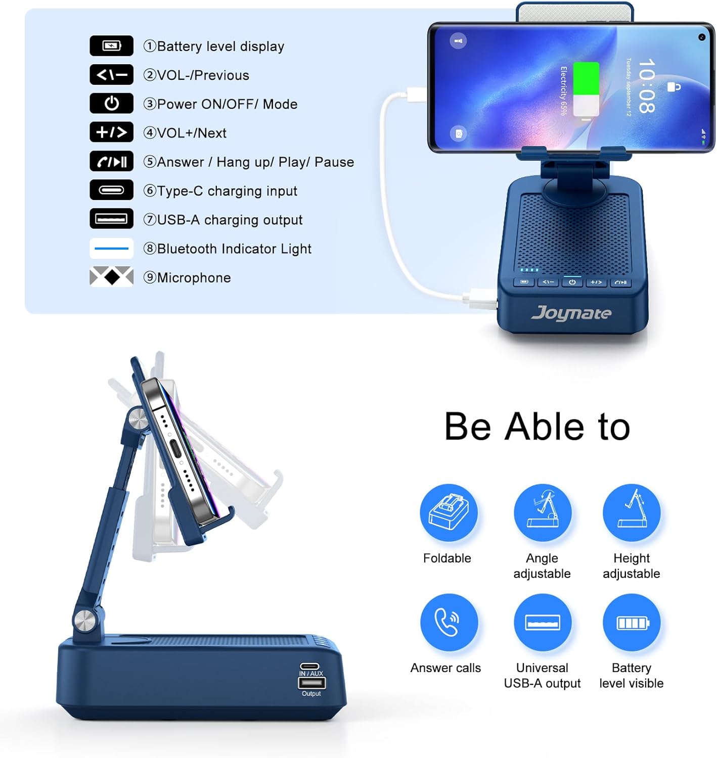 Joymate 360 Gifts for Men Women, Bluetooth Speaker Phone Stand with Charging Function Rotable Adjustable Cell Phone