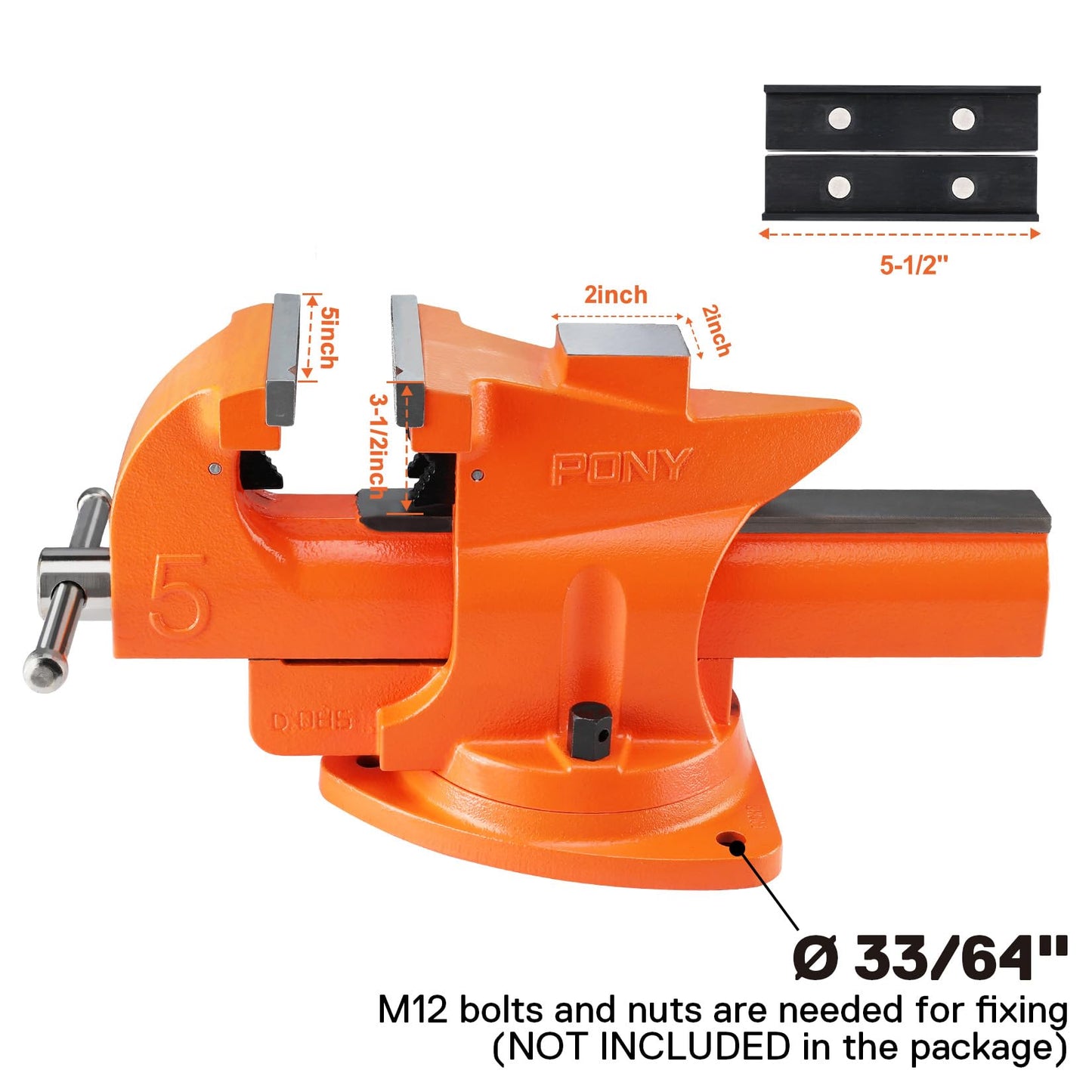 PONY Heavy Duty Bench Vise, 5-inch Jaw Width 7-inch Jaw Opening, 360-Degree Swivel Base with Anvil, Utility Combination Pipe Home Vise for Woodworking, One-Pair Vise Jaw Pad Included