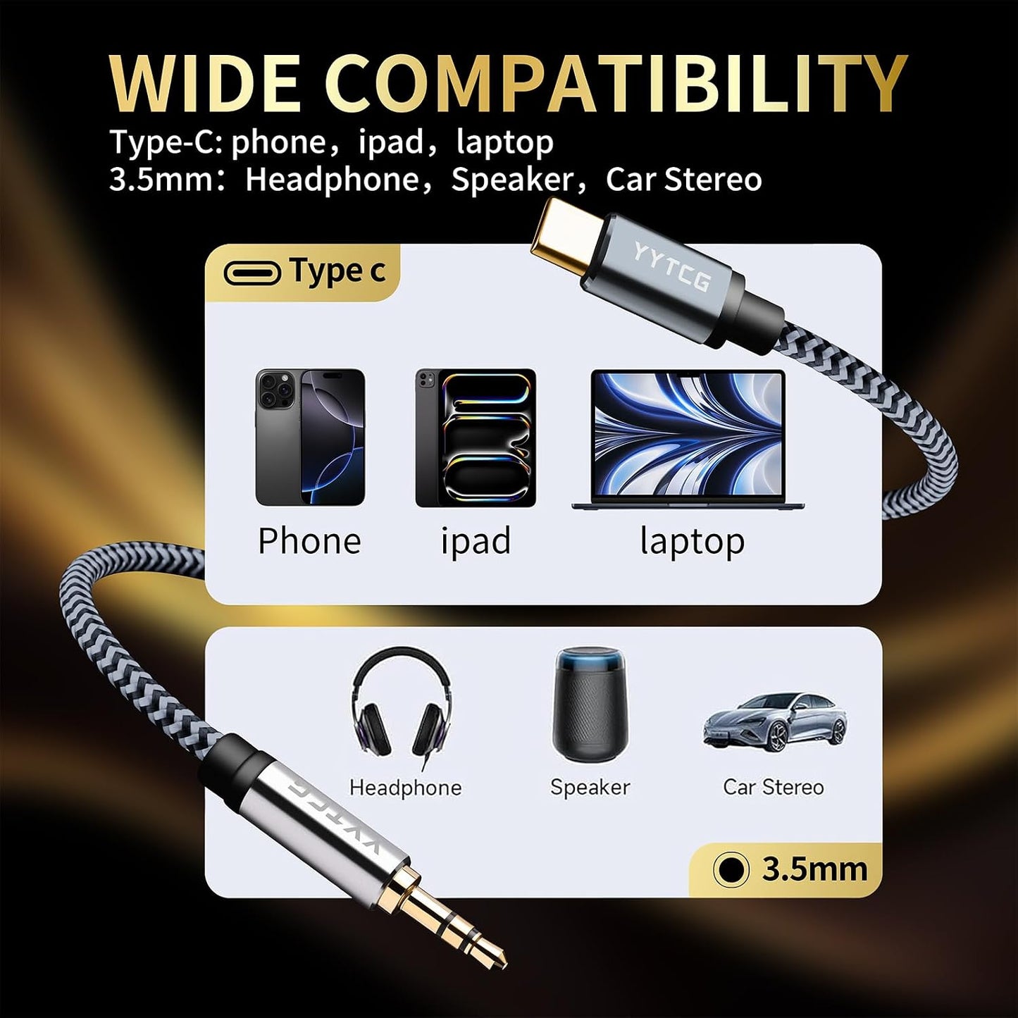 3.5mm 5.90ft/1.8m 4N 24K Audiophile HiFi USB-C to Aux Cable - OFC Core, Gold-Plated Plug, Nylon Braided, Compatible