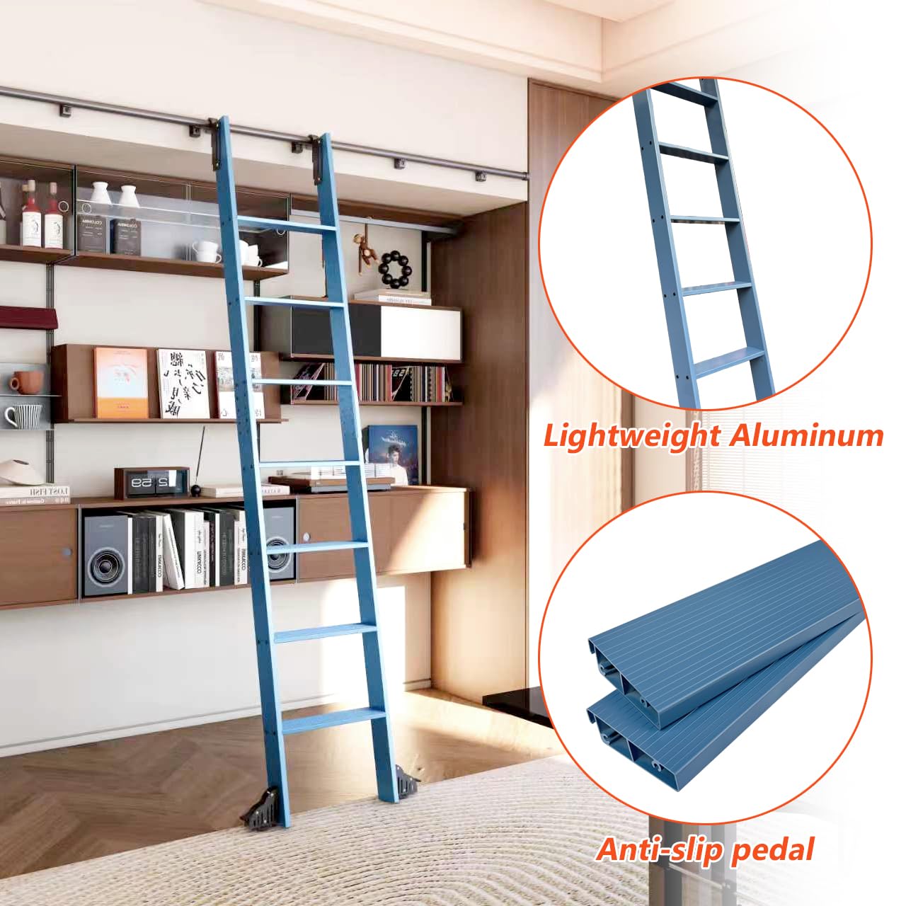 96" Sliding Library Ladder, Blue +8FT Rolling Track Kit