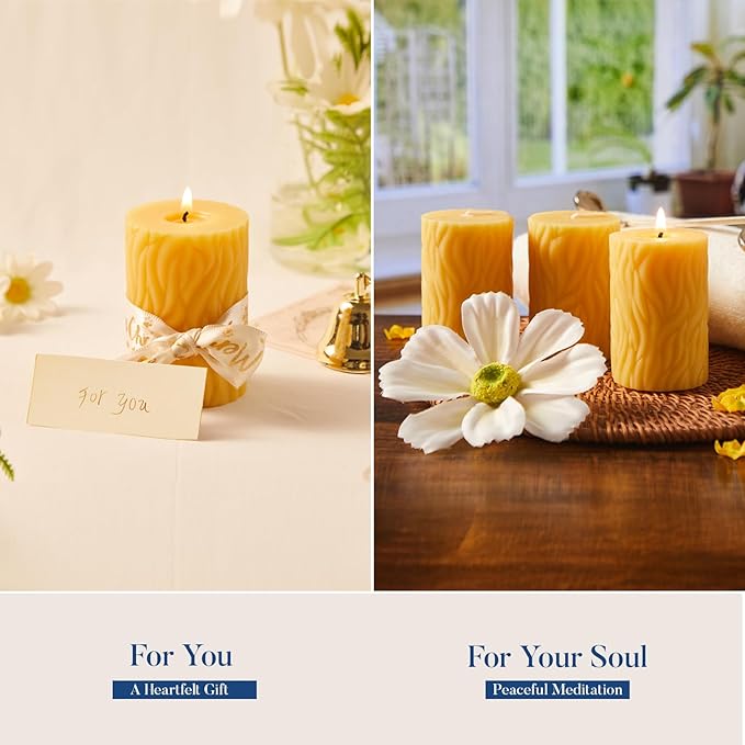 Crenovo Natural Beeswax Pillar Candles 3 Pack, 100% Pure Beeswax Candles Bulk with 84 Hours Burn Time, Organic Bees Wax Candles for Home, Party, Prayer, Non-Toxic Dripless Smokeless 2x3 Inch