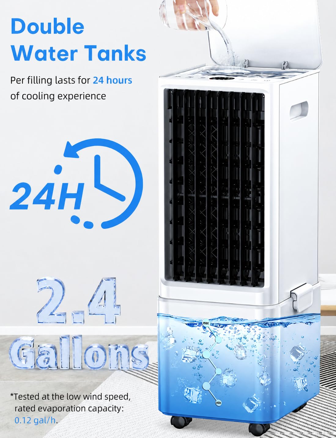 COOLECH Windowless Air Conditioner w/4 Mode & 3 Speed, Waterless Alert, 2.4-Gal Tank for 24H Cooling, 12H Timer,20FT Remote, 70° Auto Swing Evaporative Air Cooler, Portable Air Conditioner for Bedroom