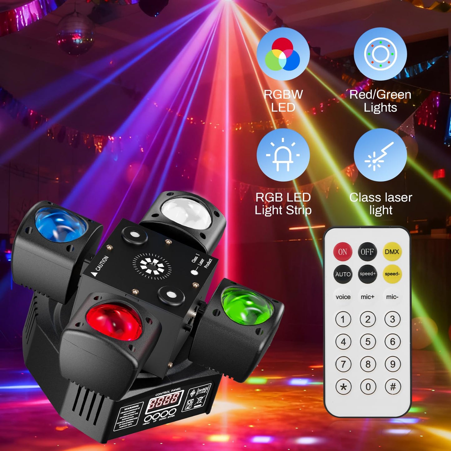 EYTSE Moving Head DJ Lights, 4-in-1 RGBW with DMX-512 & Sound Activated, Stage Light with Red Green Starry, White & Amber Strobe, Perfect Stage Lights for Party Disco Club Wedding Bar