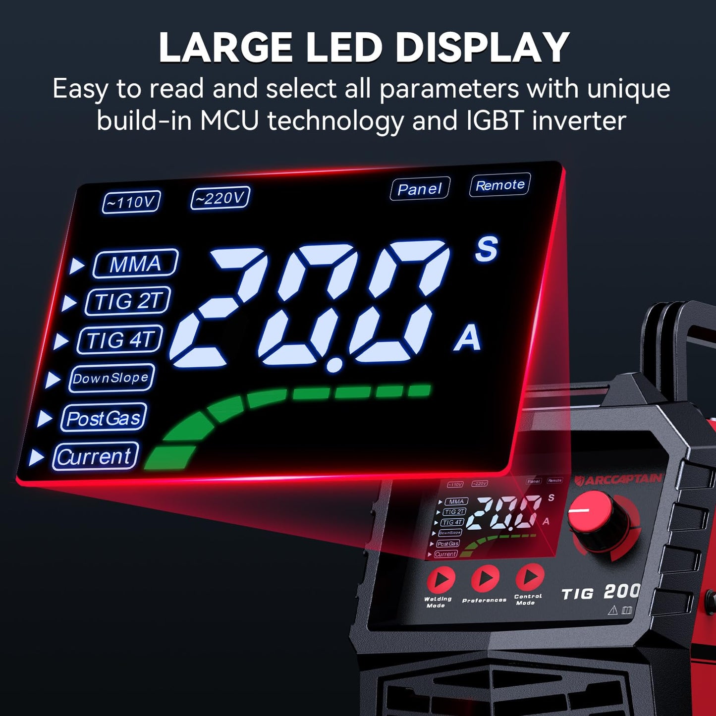 ARCCAPTAIN TIG Welder 200A, High Frequency 110v/220v Dual Voltage TIG/Stick/Arc 2 in 1 Welder LED Digital Display Welding Machine with 2T/4T Function and Tungsten Electrode