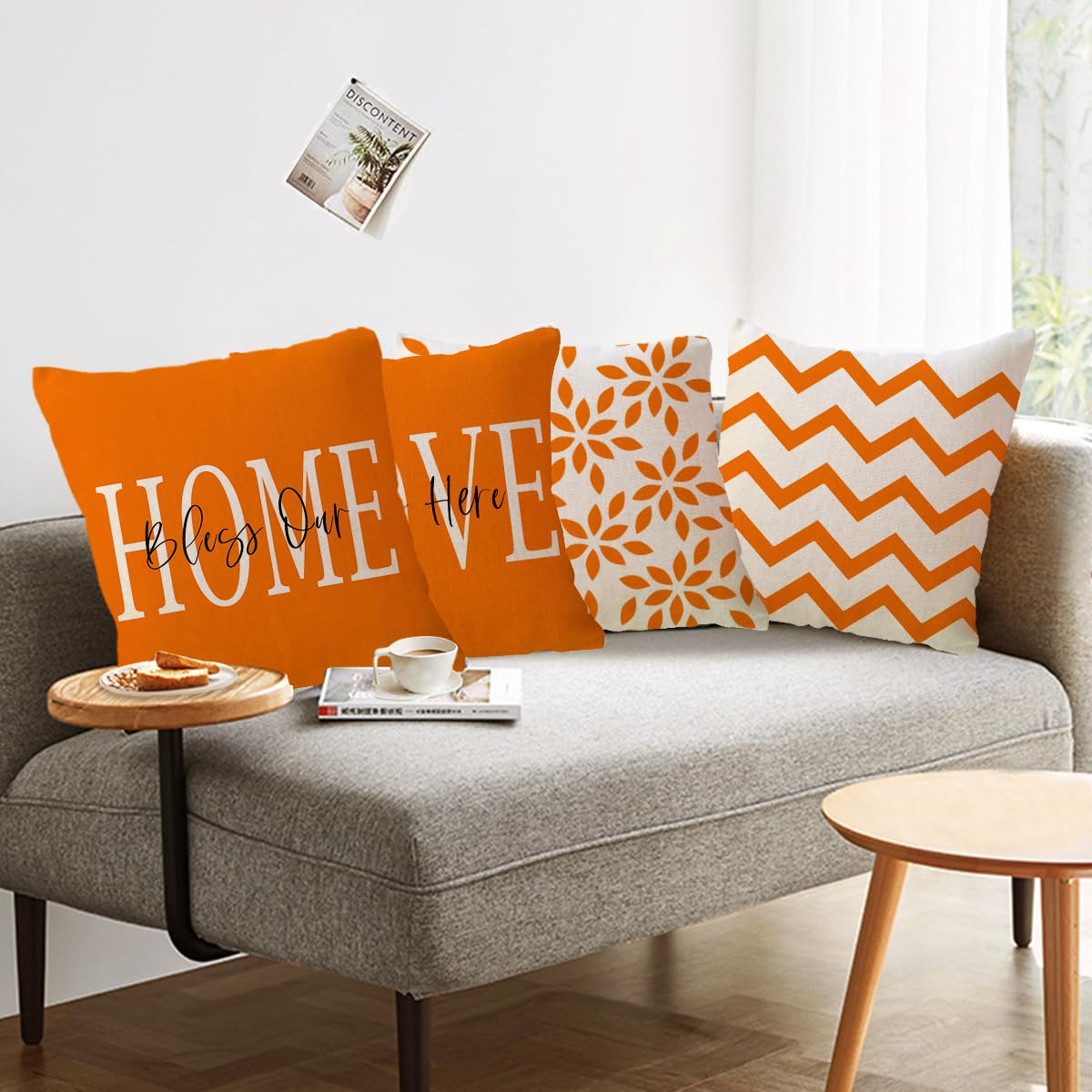 Bless Our Home Throw Pillow Covers 18x18 Double-sided Printed Farmhouse Geometric Dahlia Floral Pillowcases Modern Decorative Cushion Covers 4Pack for Porch Couch Sofa Decor (Orange)
