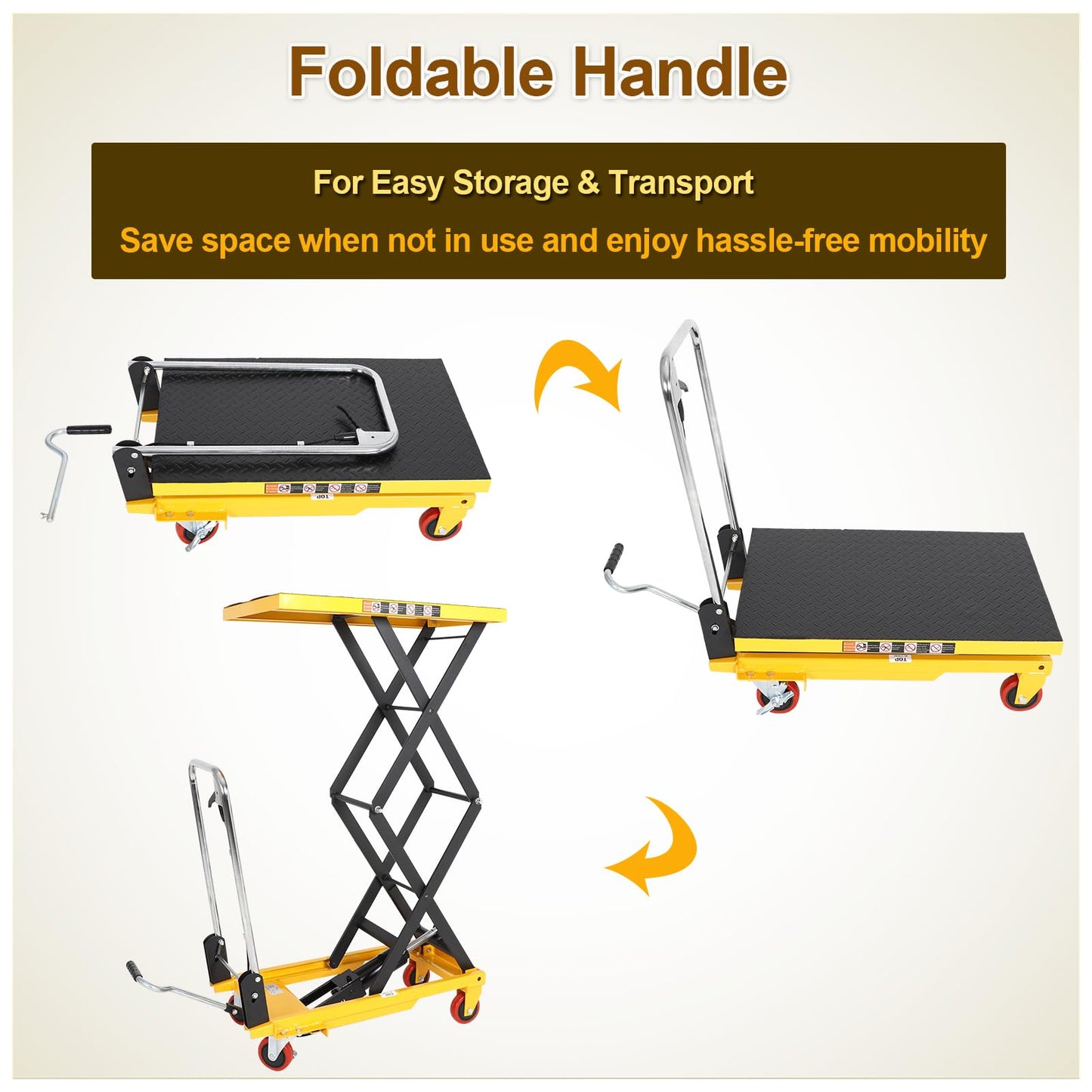 KAFLLA Double Scissor Hydraulic Lift Table Cart with Foldable Handle, 330 lbs Capacity, 11"–50" Lifting Range Manual Hydraulic Lift Cart with Anti-Slip Platform & 4 Wheels for Material Handling
