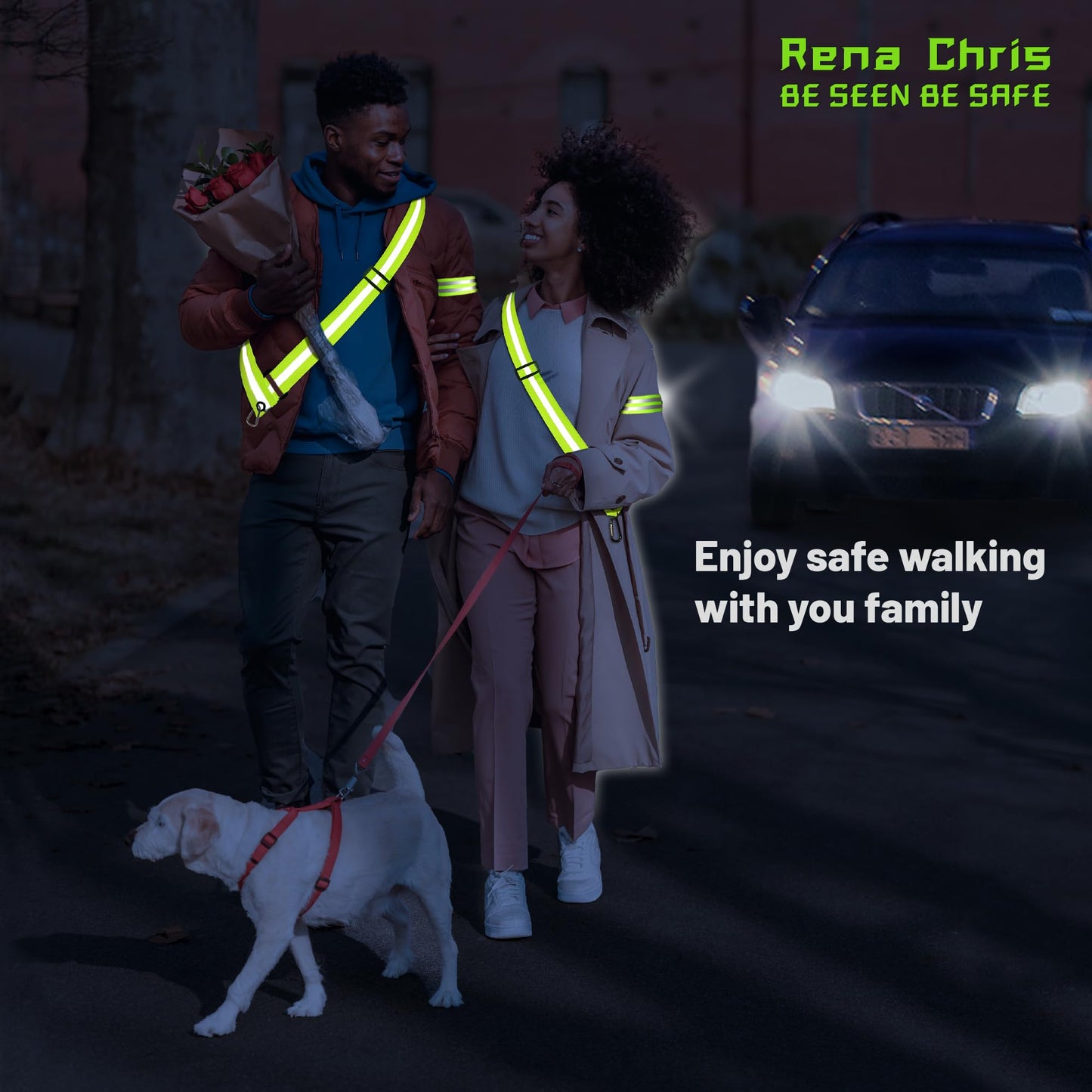 Rena Chris Reflective Running Gear, Reflective Sash, Night Dog Walking Safety Gear, High Visibility Reflective Safety Running Belts for Women, Night Jogging Safety Gear Reflective Belt and Armband