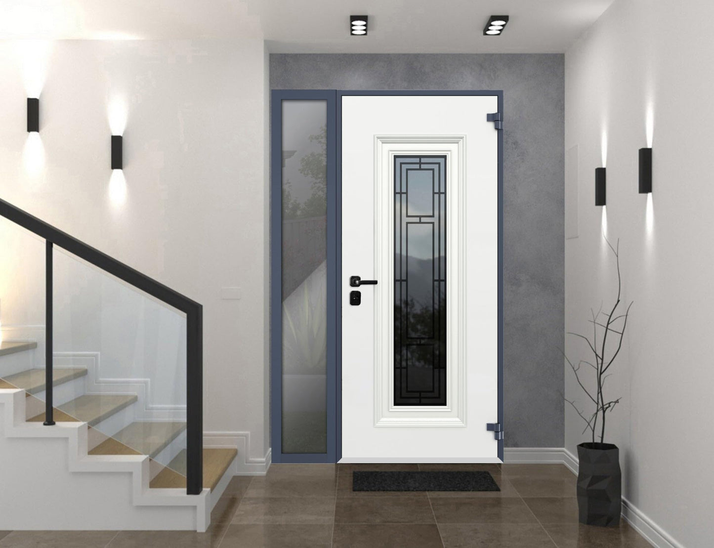 VDOMDOORS Front Exterior Prehung Steel Door/Ballucio 6044 Gray Graphite/Side Exterior Window/Stainless Inserts Single Modern Painted-W36+12" x H80-Left-hand Inswing