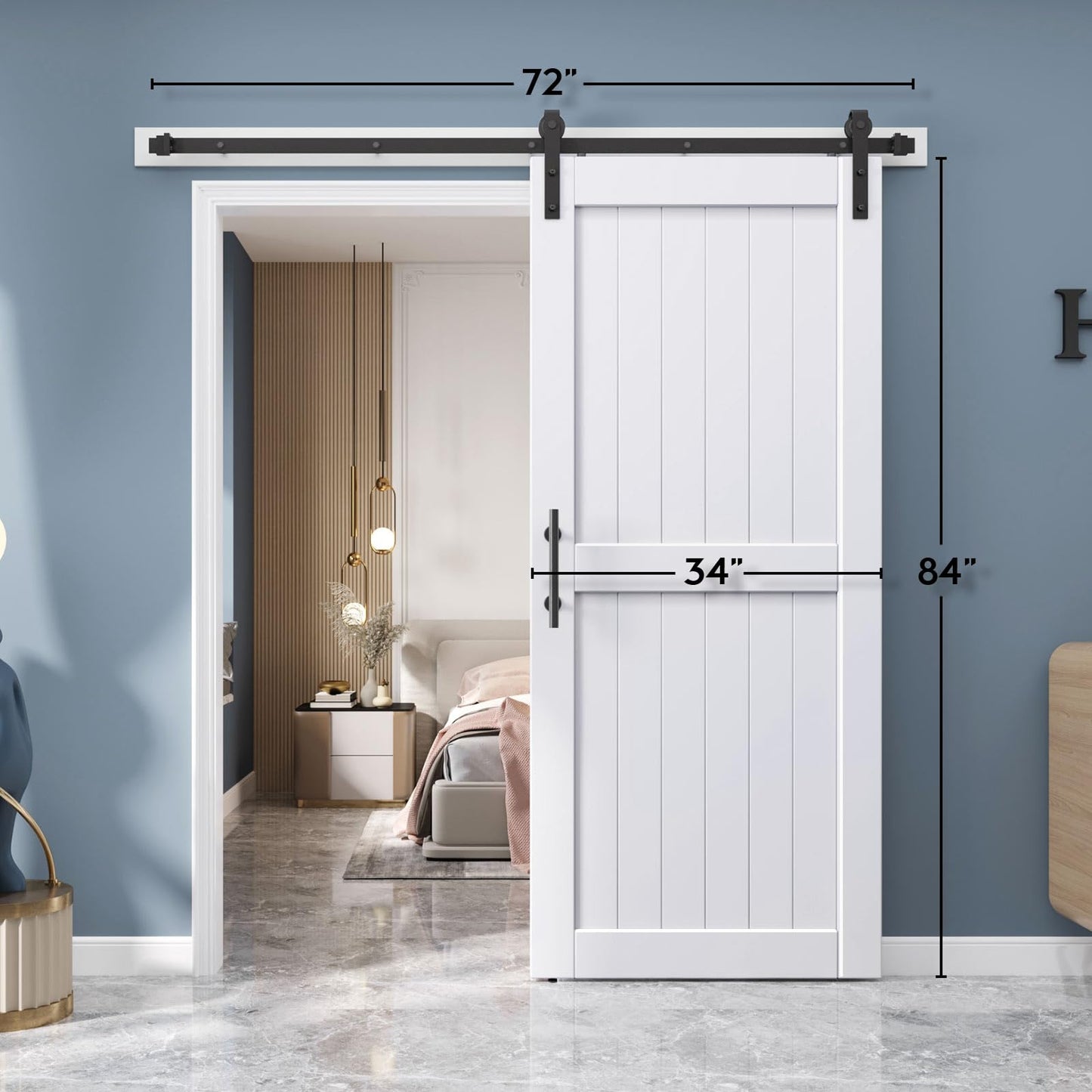 EaseLife 34 x 84 inch White Barn Door with 6FT Sliding Door Hardware Kit Included & Handle,Solid Wood Covered with Waterproof PVC Surface,DIY Assemblely,Easy Install,H-Frame,Fit 30-32in Wide Opening