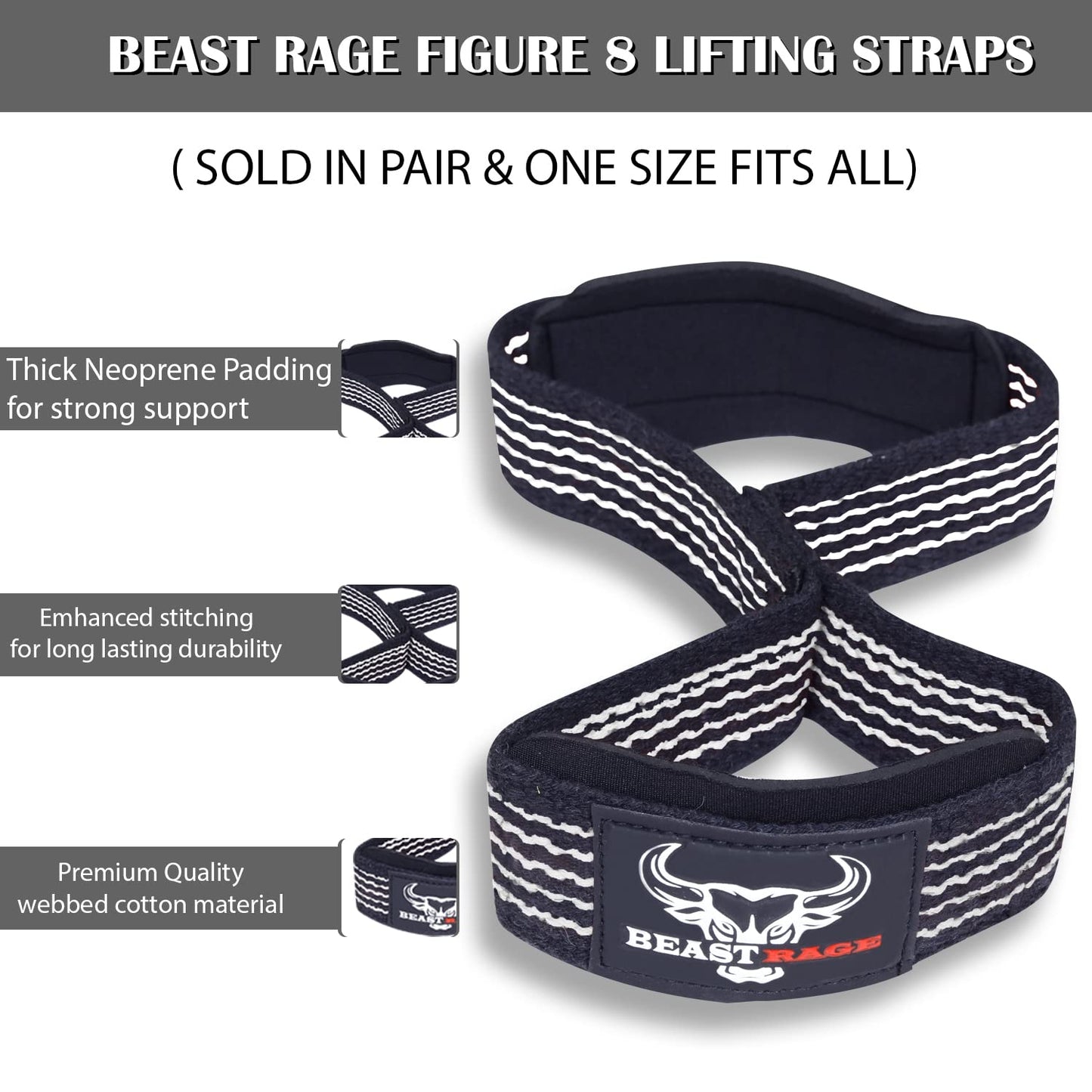 BEAST RAGE Heavy Duty Lifting Wrist Straps for Weightlifting, Figure 8 Loop Powerlifting Deadlift Strap wraps Weights Padded Support Professional Fitness Gym Bodybuilding (White)