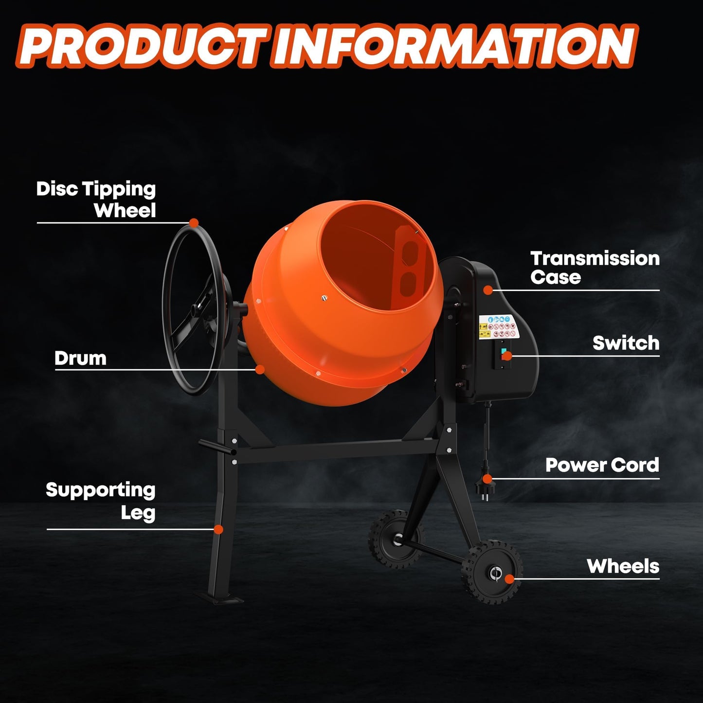 Concrete Mixer Machine 5.3 Cu.Ft. – 750W 1HP Heavy Duty Portable Industrial Cement Mixing Machine with Wheel & Stand for Stucco, Mortar, Seeds, Orange