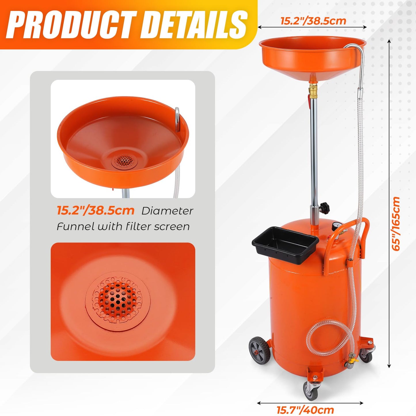 20 Gallon Waste Oil Drain Tank, Portable Air Operated Drainer With Adjustable Funnel Height 38"-65", Portable Oil Drain Container,15" Funnel Fluid Fuel Transfer Drainage With 360° Wheels & Toolbox