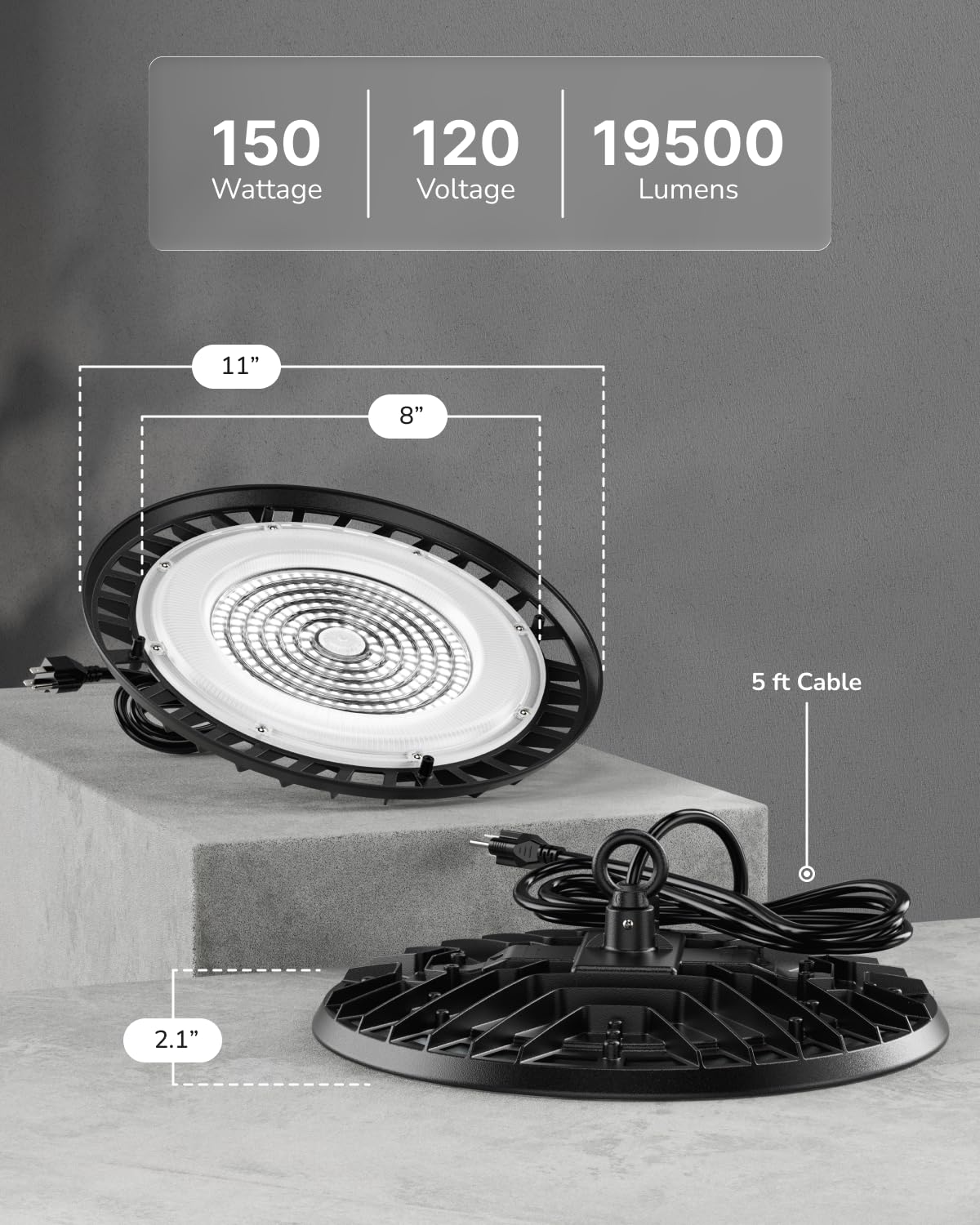 Sunco 10 Pack UFO LED High Bay Light, 150W, 19500 Lumens, 5000k Ultra Bright Commercial Shop Lights for Warehouse, Factory, Workshop, Garage & Barn, Ceiling Mount, Plug & Play, 120V, UL