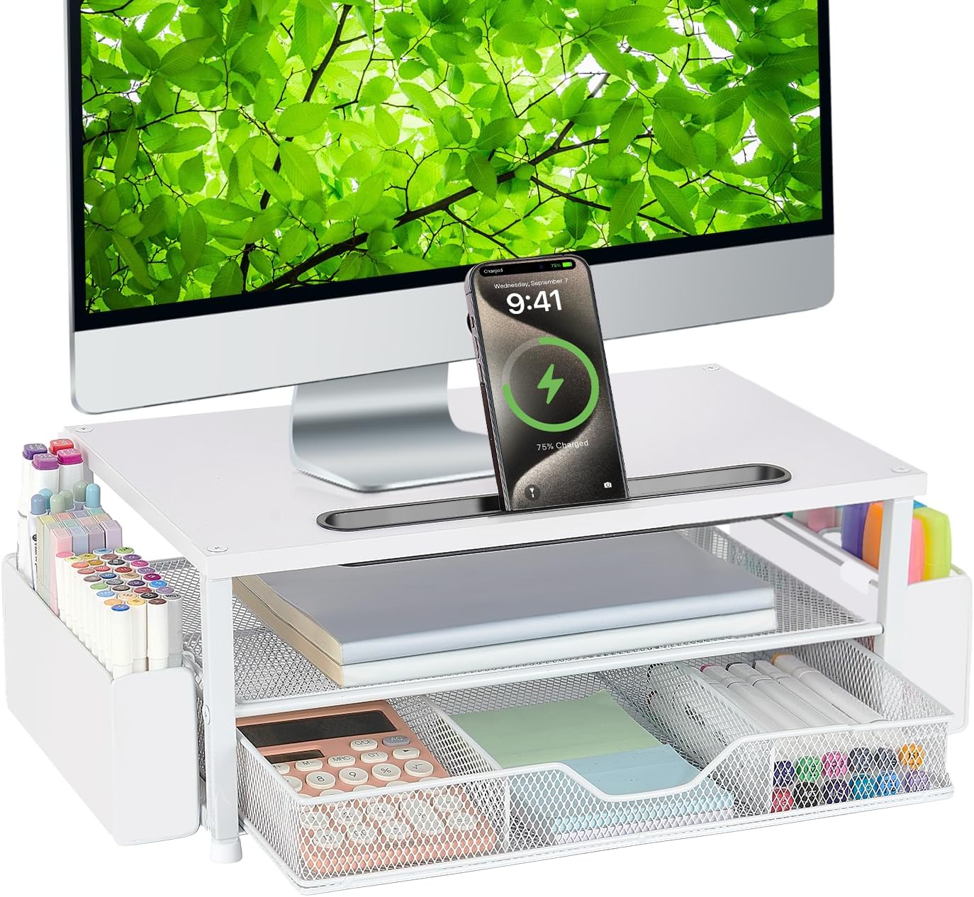 2-Tier AUPSEN White Monitor Stand Riser, Wood Computer Desk Organizer with Drawer, Pen Storage & Phone Holder, Office