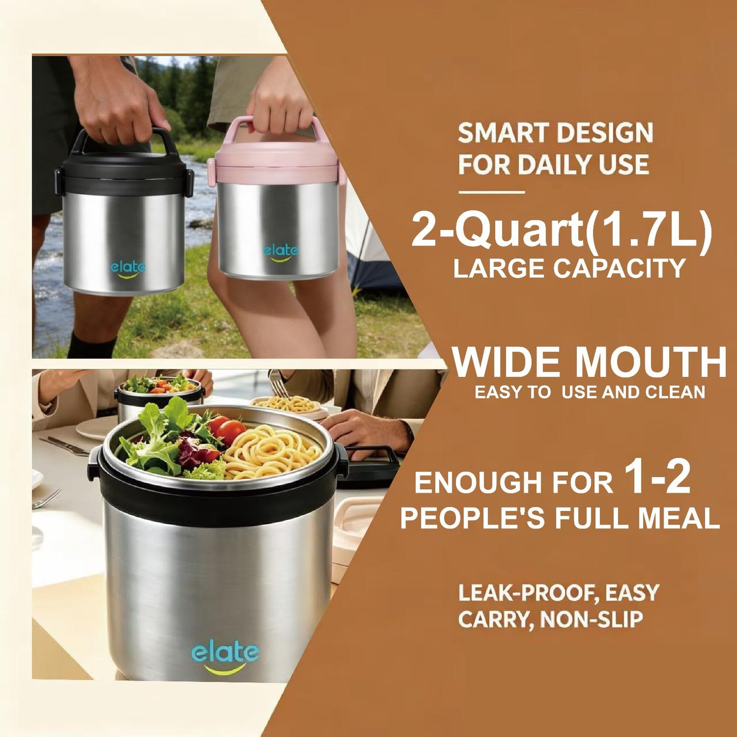 Elate 2-Quart/64oz Camp Crock Thermos for Hot/Cold Food, Wide-Mouth Thermal Container, Stainless Steel Vacuum-Insulated Jar, Portable Lunch Pot for Outdoor Adventure, Camping, Picnics, Trips, Potlucks
