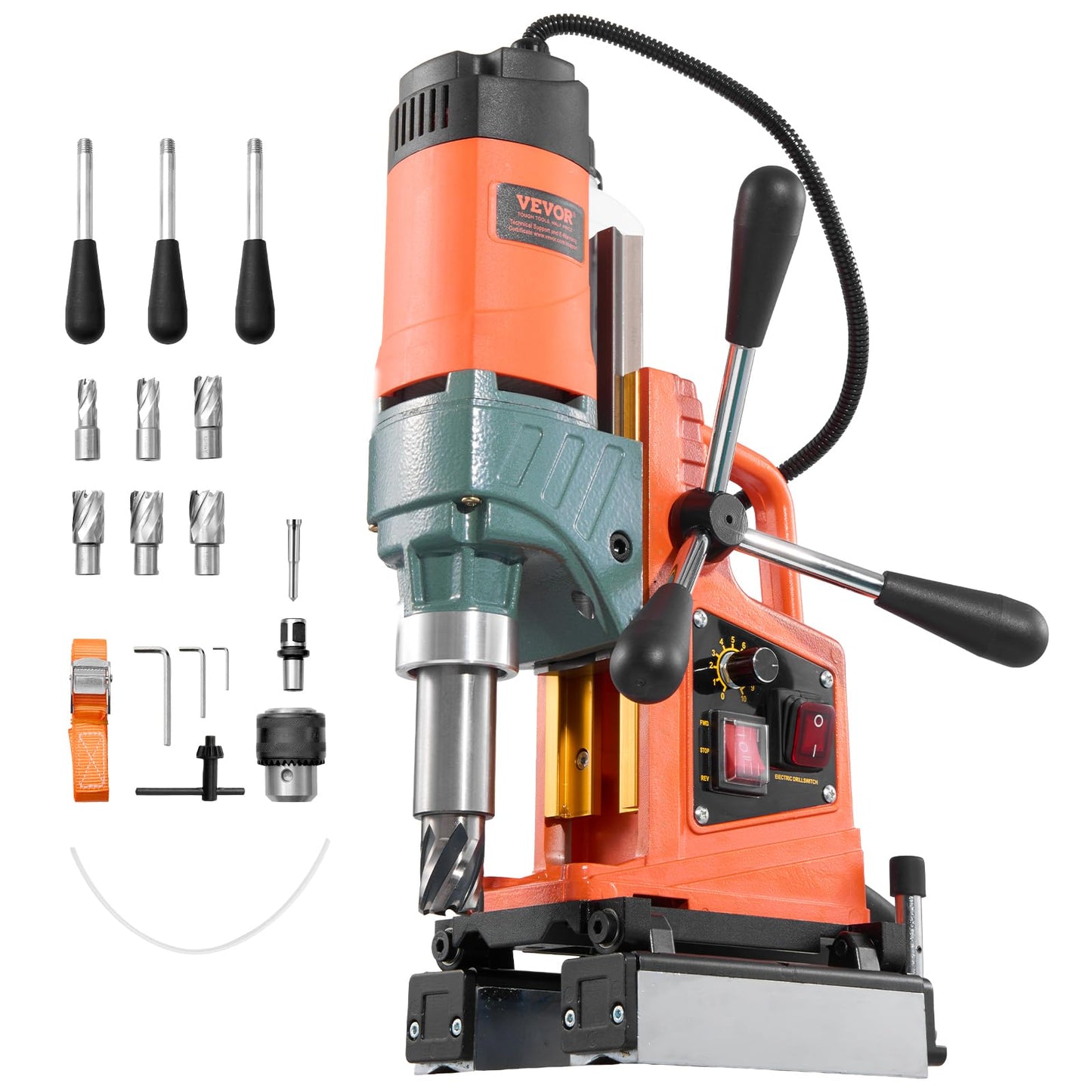 VEVOR Magnetic Drill Press, 1400 W, 2 inch Boring Diameter, 0-750 RPM Speed, Reversible Direction, Mag Drill Press with 6 Core Bits, Electric Drilling Machine for Industrial and Home Improvement