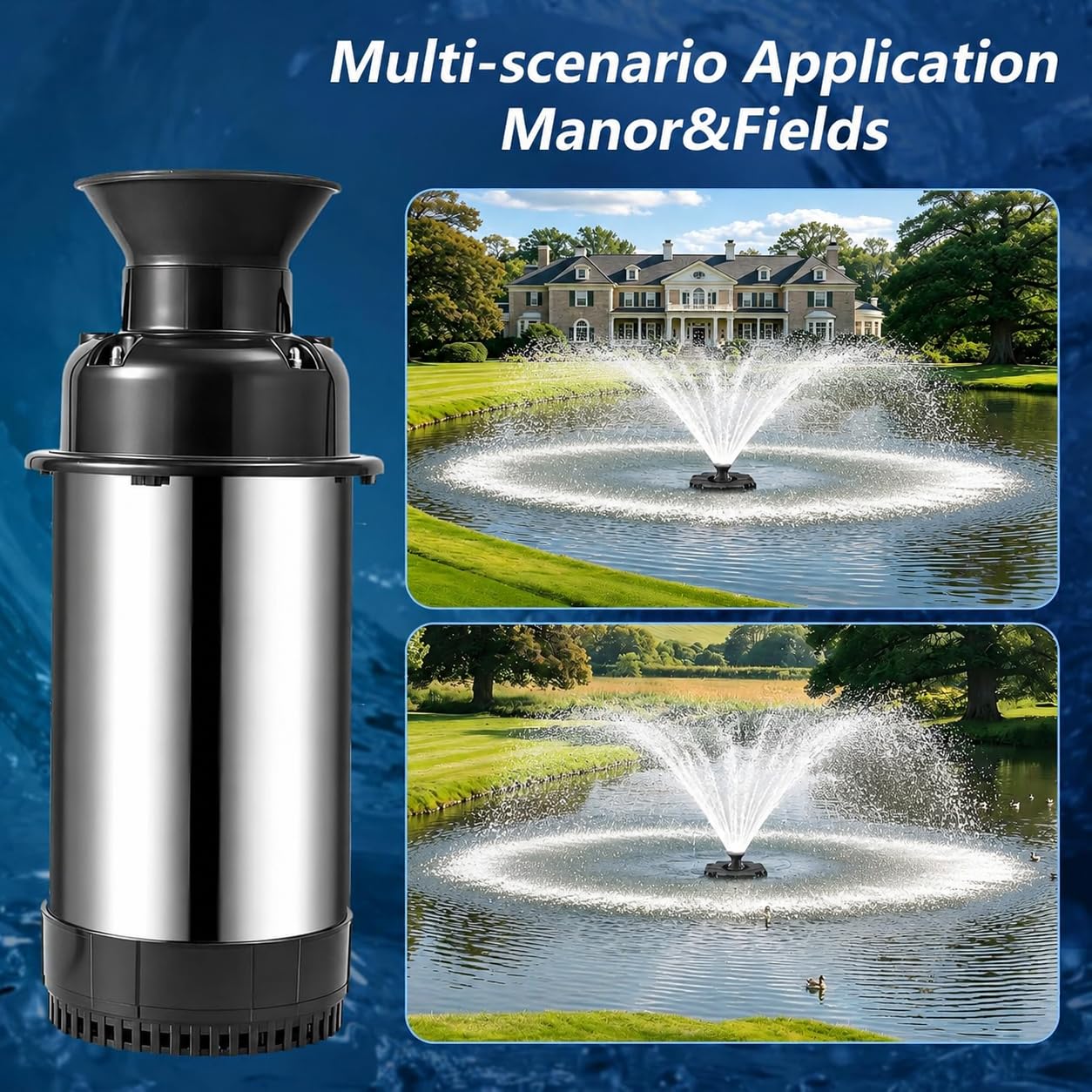 Burnvale Pond Fountain Aerator, 1HP 110V 750W Floating Pond Fountain, With 100 FT Power Cord，Waterproof Timer，2x100 FT Traction Rope，Floating Water Fountains for Ponds