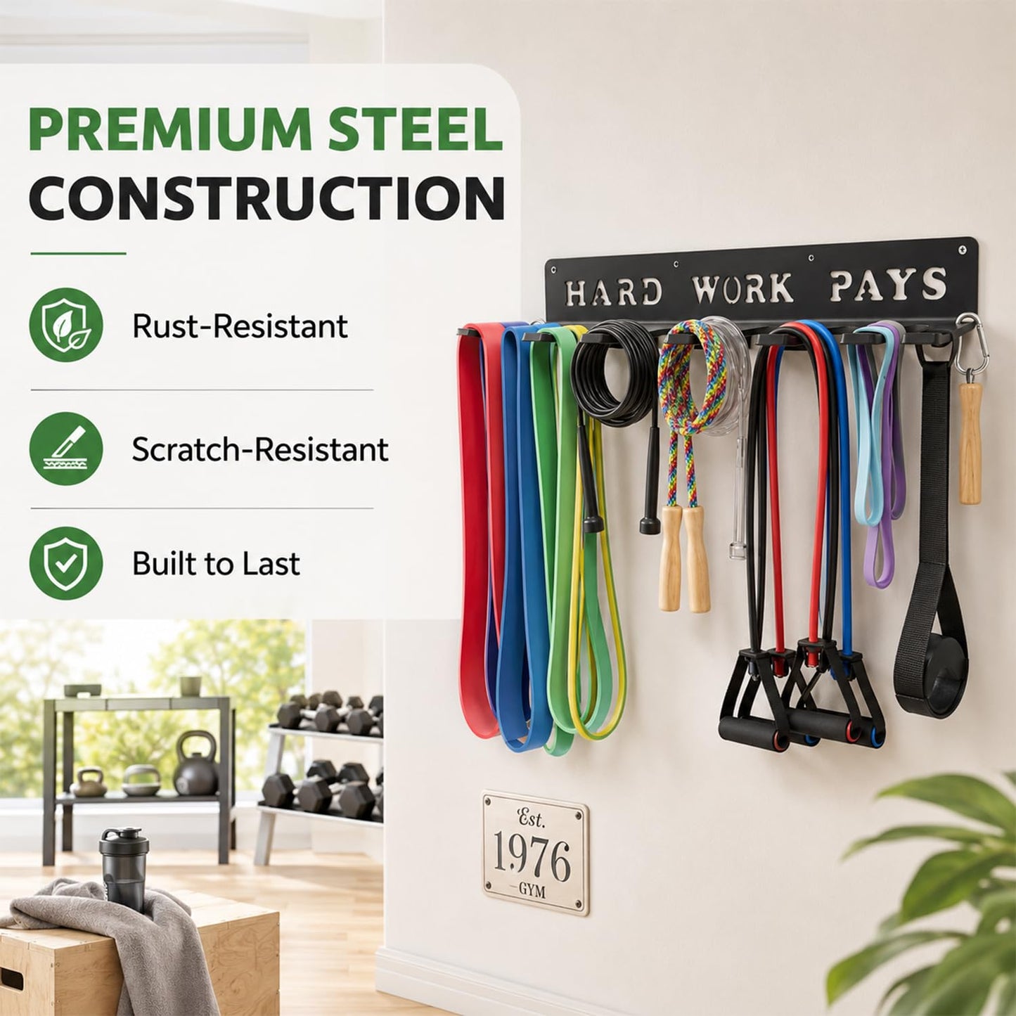 WIPHANY Home Gym Accessories Organization Storage Rack Equipment For Home 8 Hook Wall Hanger Display Gear Barbells Resistance Bands Jump Ropes Lifting Belt Hanger Accessories Hardware Included