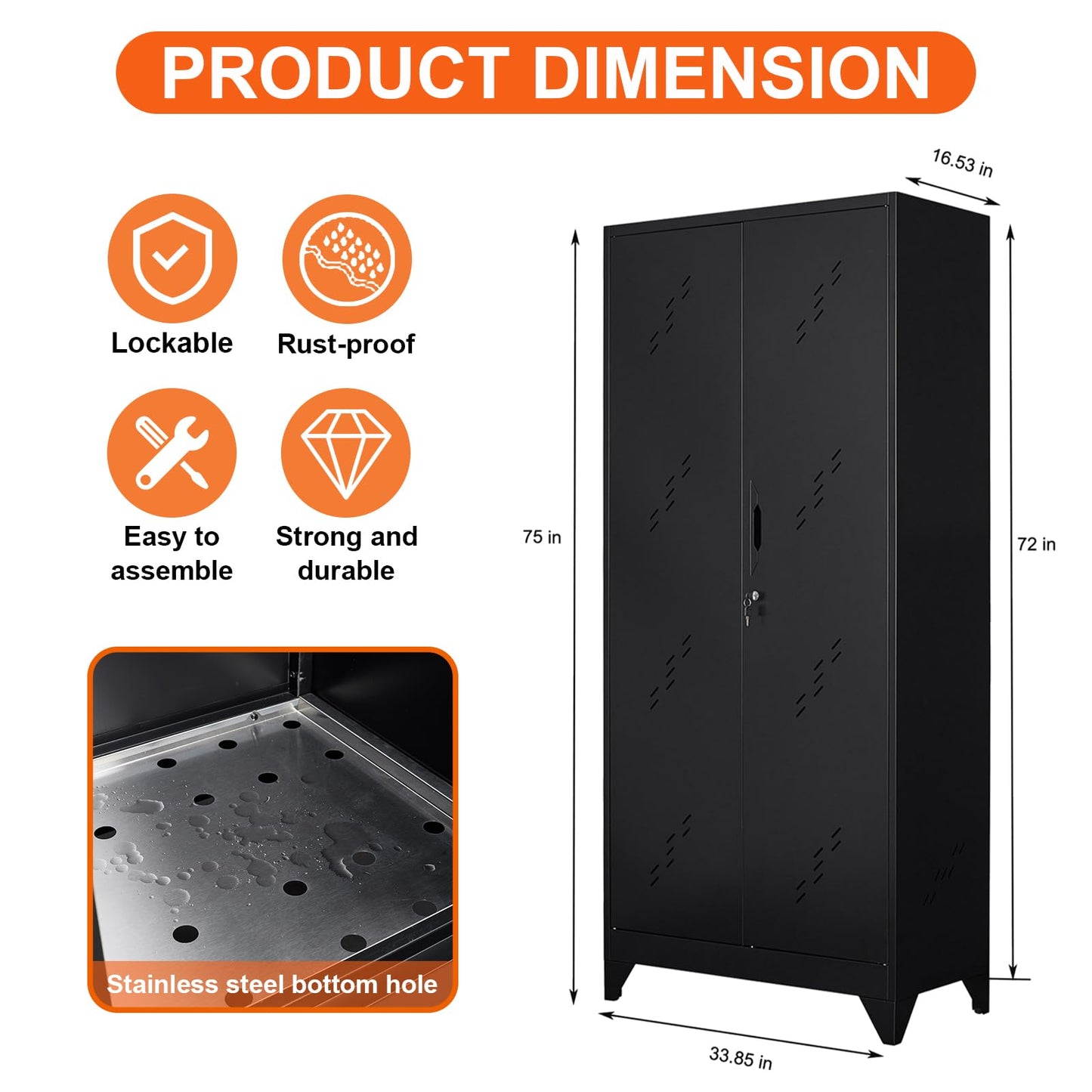 CBNTKI 75" Metal Garage Storage Cabinet, Cleaning Tool Storage Cabinet, Utility Garage Storage Broom Closet with Doors, Hanging Rod (Black, Door-2)