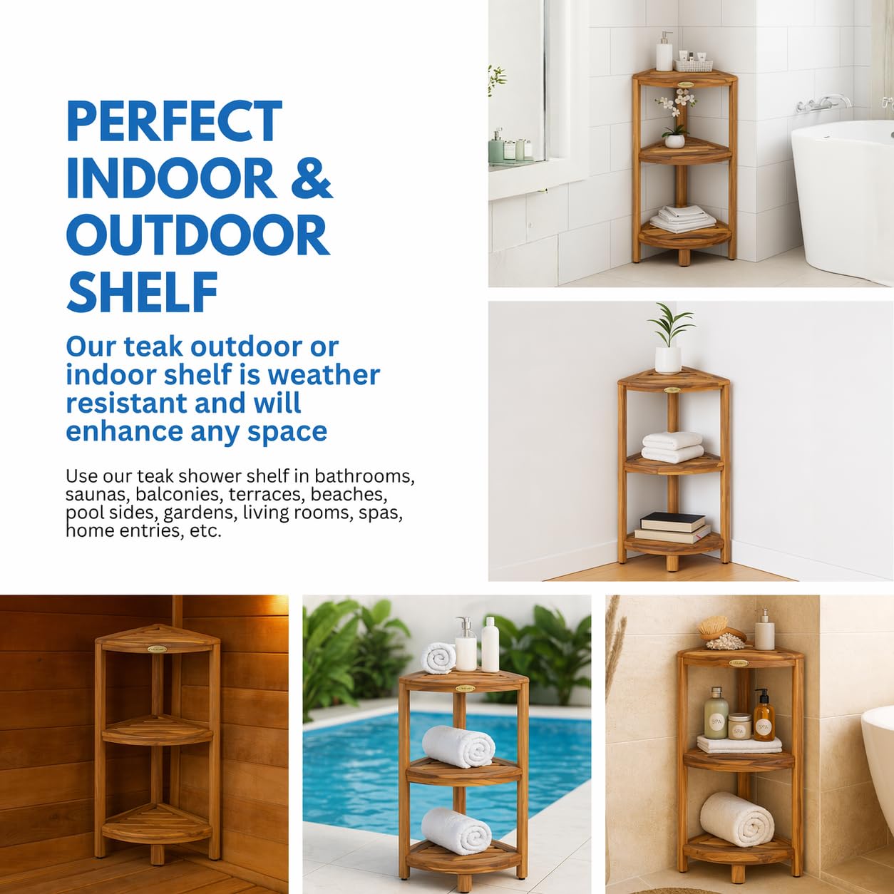 EcoDecors Snazzy Corner Gold 3 Tier Corner Shelf FSC Teak Wood Bathroom Shelf Natural Water Resistant Spa Shower Organizer for Bathroom Sauna Bath Storage 17 x 12 x 32 in