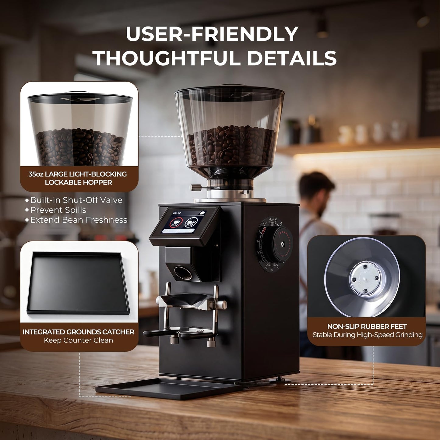 Grind by Weight Espresso Grinder, Commercial Coffee Grinder by Weight with 64mm Flat Burr, Touch Screen, 14 Grind Settings for Cafe