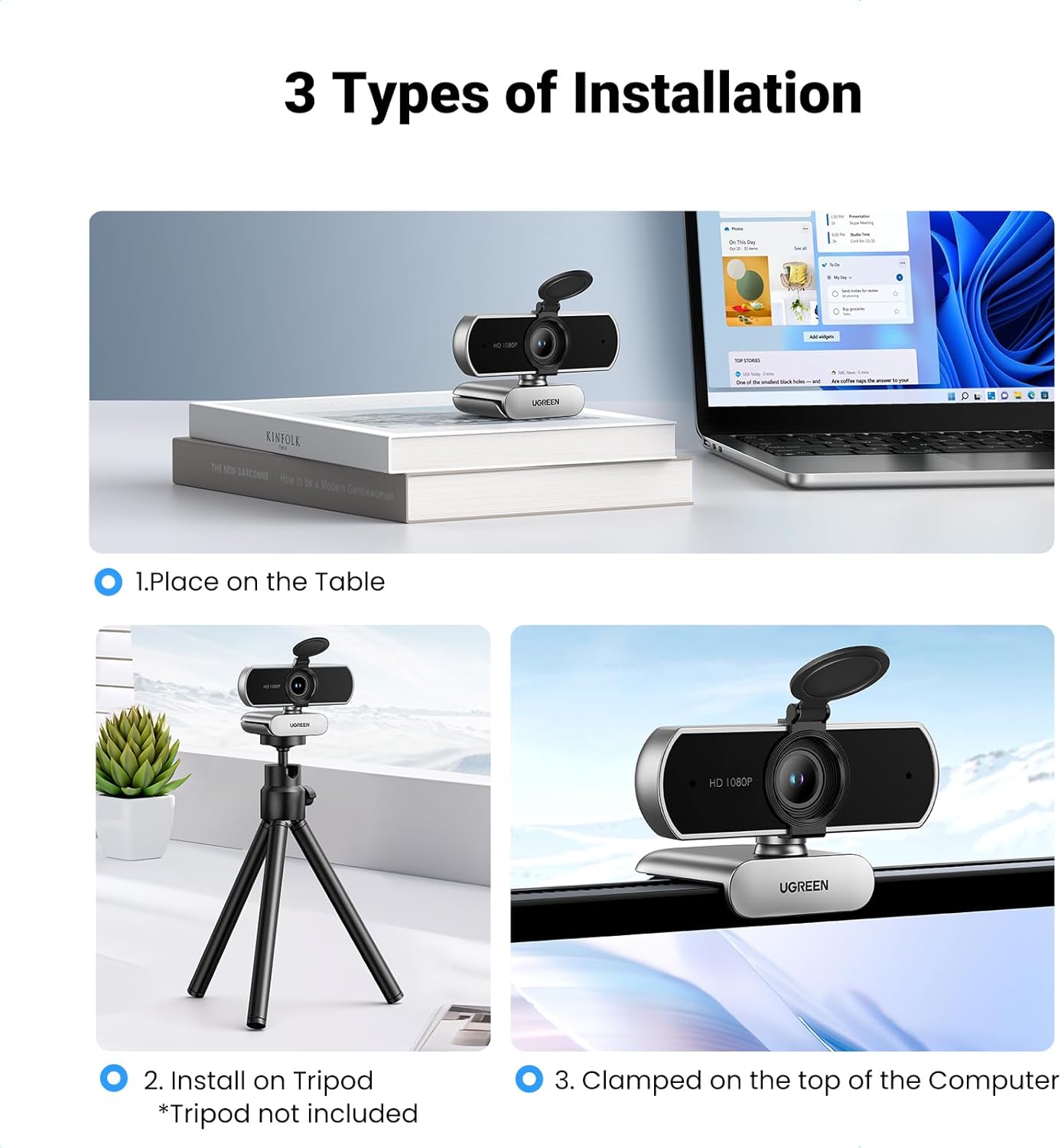 UGREEN 1080P 2 85 2, Full HD Webcam with Microphone, Noise-Canceling Mics, Fov & Fixed Focus, Plug and Play, Auto Light