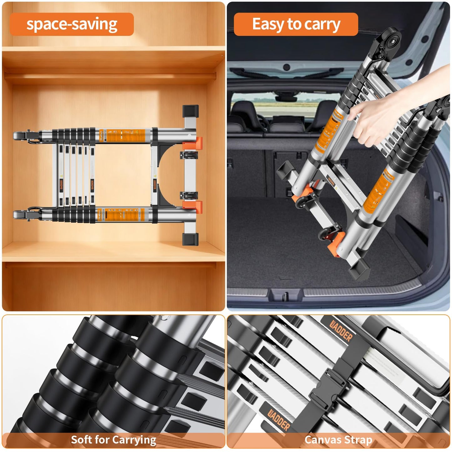 Telescoping Ladder A Frame,Telescopic Ladder for Home, Roof, RV，12.5 Ft Aluminum Extension Ladder with Balance Bar,Wheels and 2 Triangle Stabilizers，330 lb Capacity (12.5FT-A Frame)