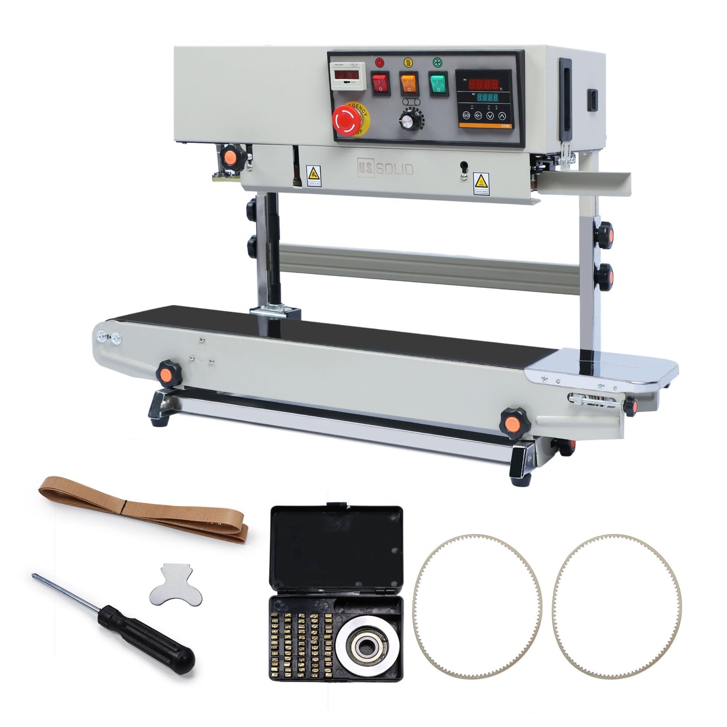 U.S. Solid Automatic Continuous Band Sealer with Stand - Industrial Bag Sealing Machine with Counter & Embossing Coder, 78.7ft/min High Speed, 110V Vertical Sealer for 0.031" PVC Bags