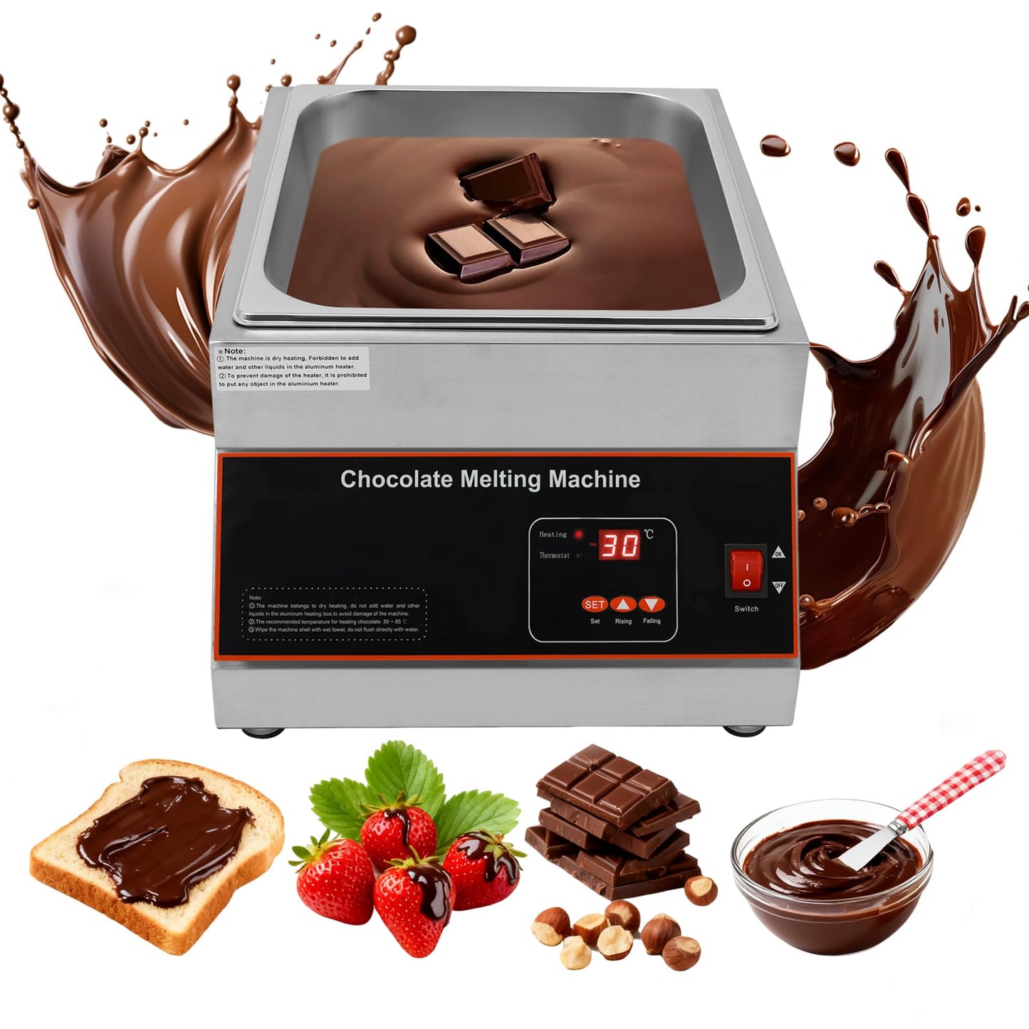 Headery Chocolate Tempering Machine, 26.46 lbs Commercial Chocolate Melting Pot, 500W 32-203°F Stainless Steel Food Warmer with Lid for Chocolate/Milk/Cream Melting and Heating (One Pots)