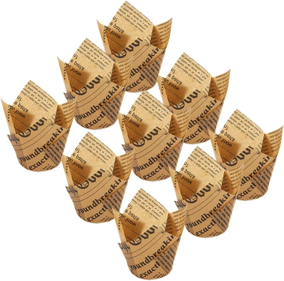 Skiennix Tulip Cupcake Liners - 150 Grease-Proof Baking Cups for Weddings & Parties | Standard Size, Natural Newspaper Print