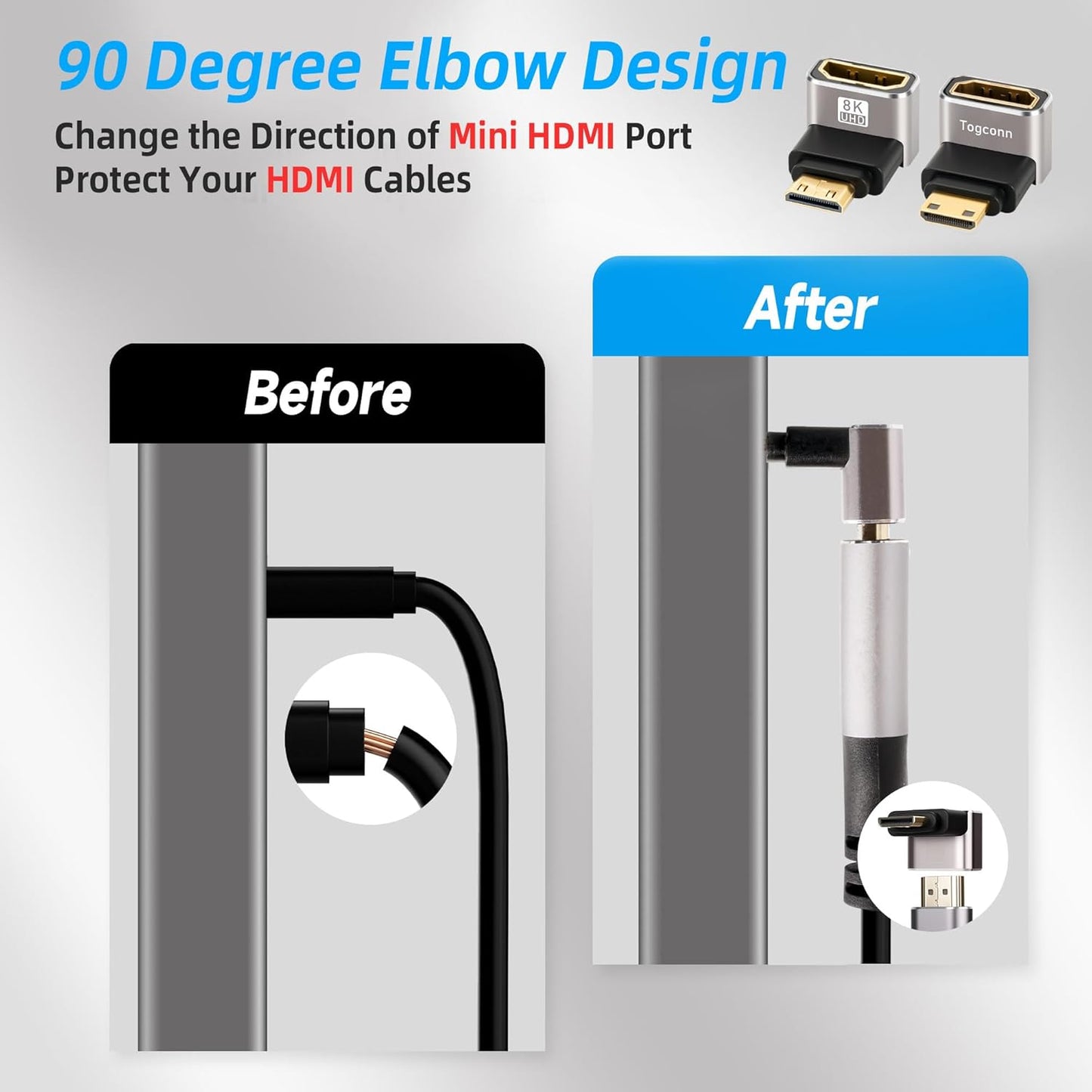 Togconn 90 2 Pack, 8K@60Hz,4K@120Hz Degree Mini HDMI to HDMI Adapter (Up and Down) Right Angle Mini HDMI (Male) to HDMI