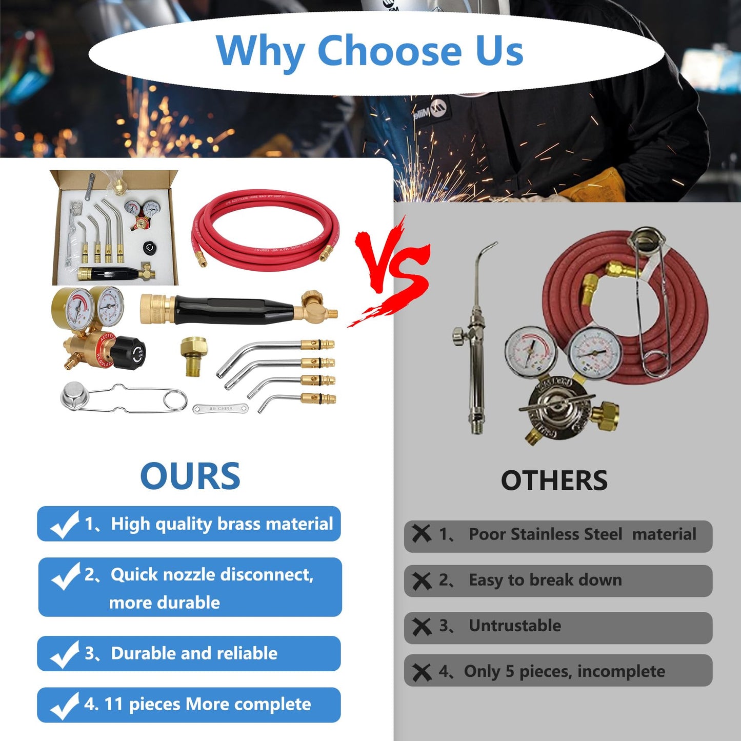 Professional Air Acetylene Torch Kit Fuel Gas kit 11 pieces Turbo Torch Kit Include CGA 200 Acetylene Regulator,G-4 Handle, AH-12 Hose, A-3, A-5, A-11, A-14 tips, Adaptor CGA200 (MC) To CGA520 (B)