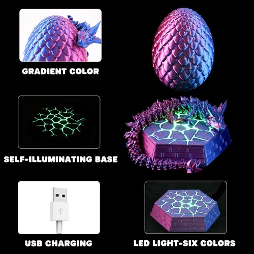 Dragon Egg | Articulating Dragon Fidget Figurine - 3D Printed Fantasy Collectible for Home & Office (Red-Blue)