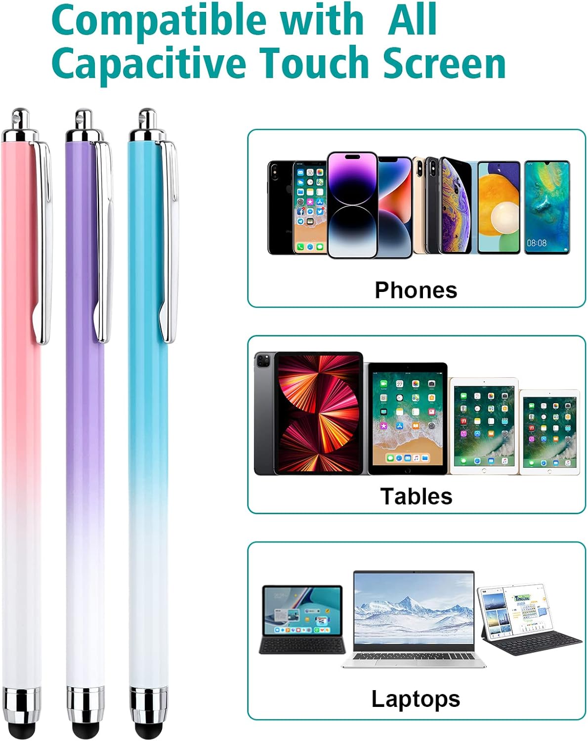 CCIVV 3 12 Stylus for Touch Screen, Pcs Stylus Pens and Extra Replaceable Rubber Tips (Gradient Pink/Purple/Blue)
