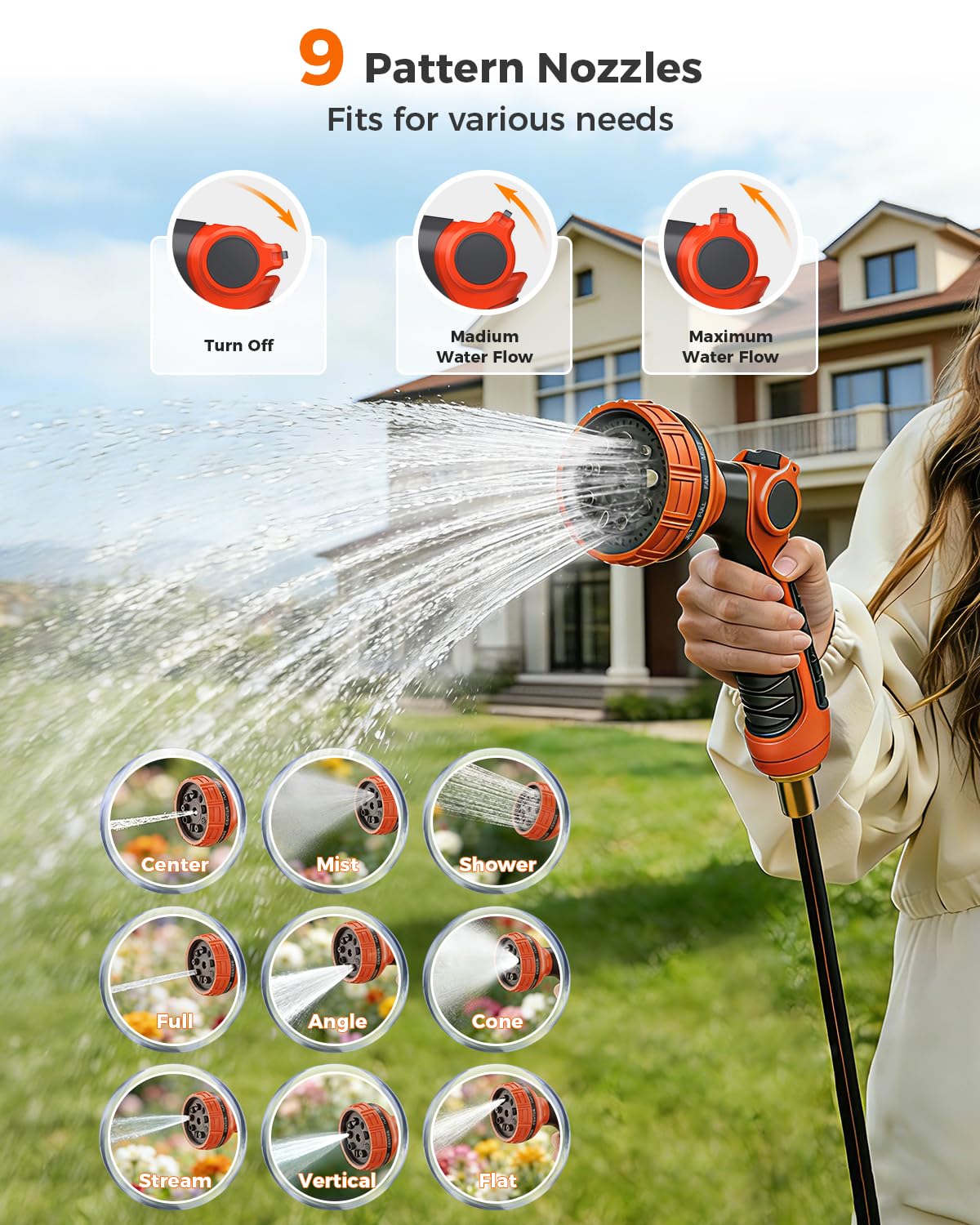 Retractable Garden Hose Reel,Wall Mounted 100 ft 5/8 Inch Automatic Return, Any-Length Lock, 9-Pattern Sprayer, 180° Swivel, Durable Water Hose Reel for Yard and Home