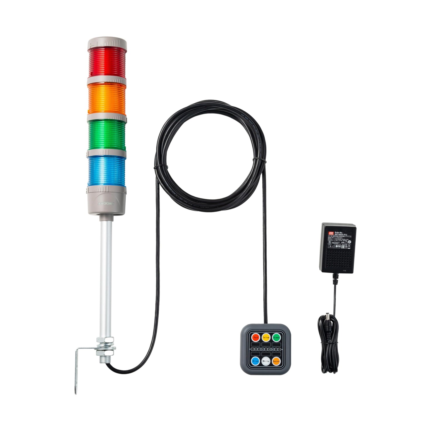 ANDONT 4-Stack LED Andon Tower Signal Light with Buzzer, Red/Yellow/Green/Blue, On/Off/Flash, Control Box, Mean Well Industrial Power Adapter 6 ft & 16 ft Extension Cord, Plug-and-Play